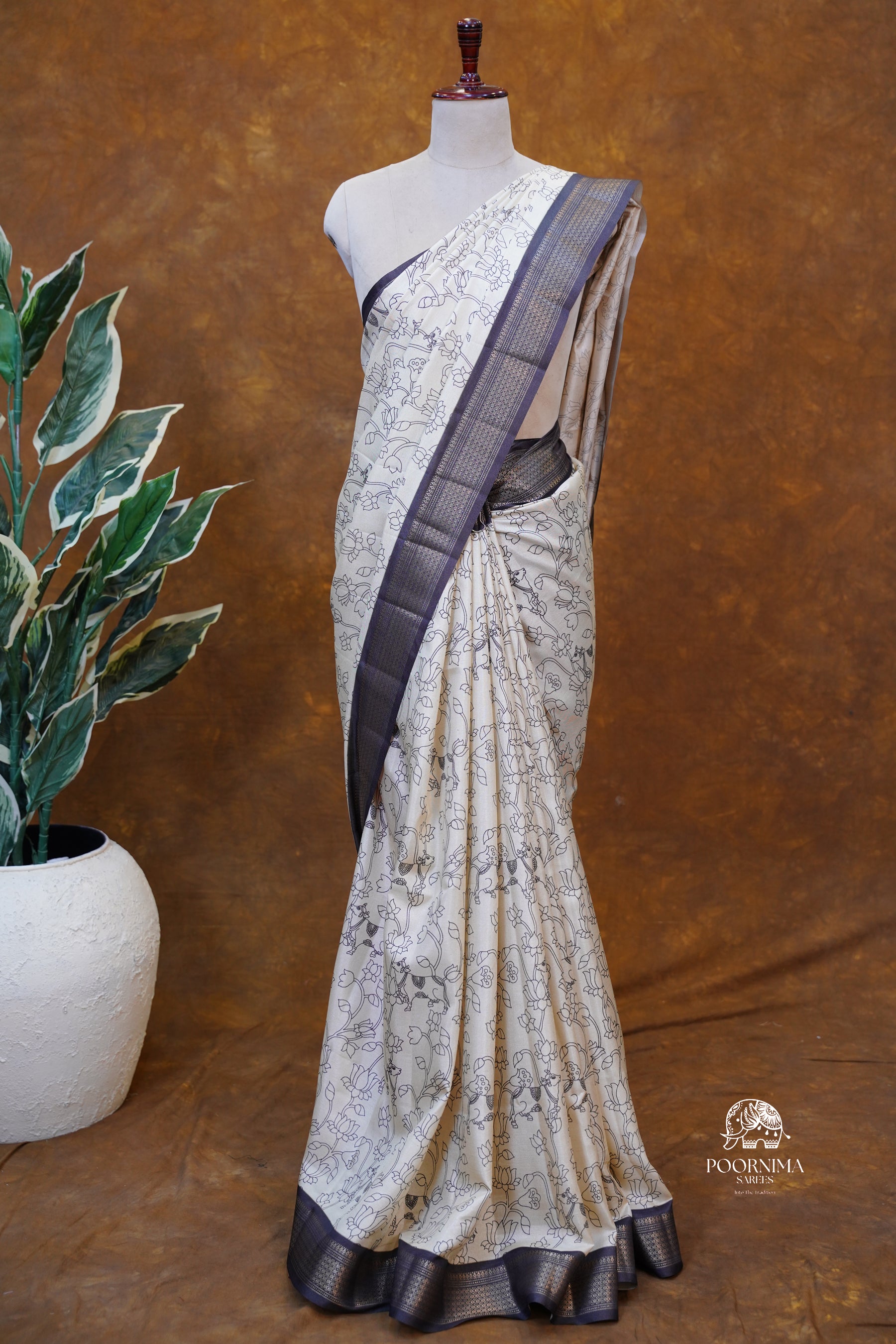 SEMI TUSSAR SAREE- HALF WHITE