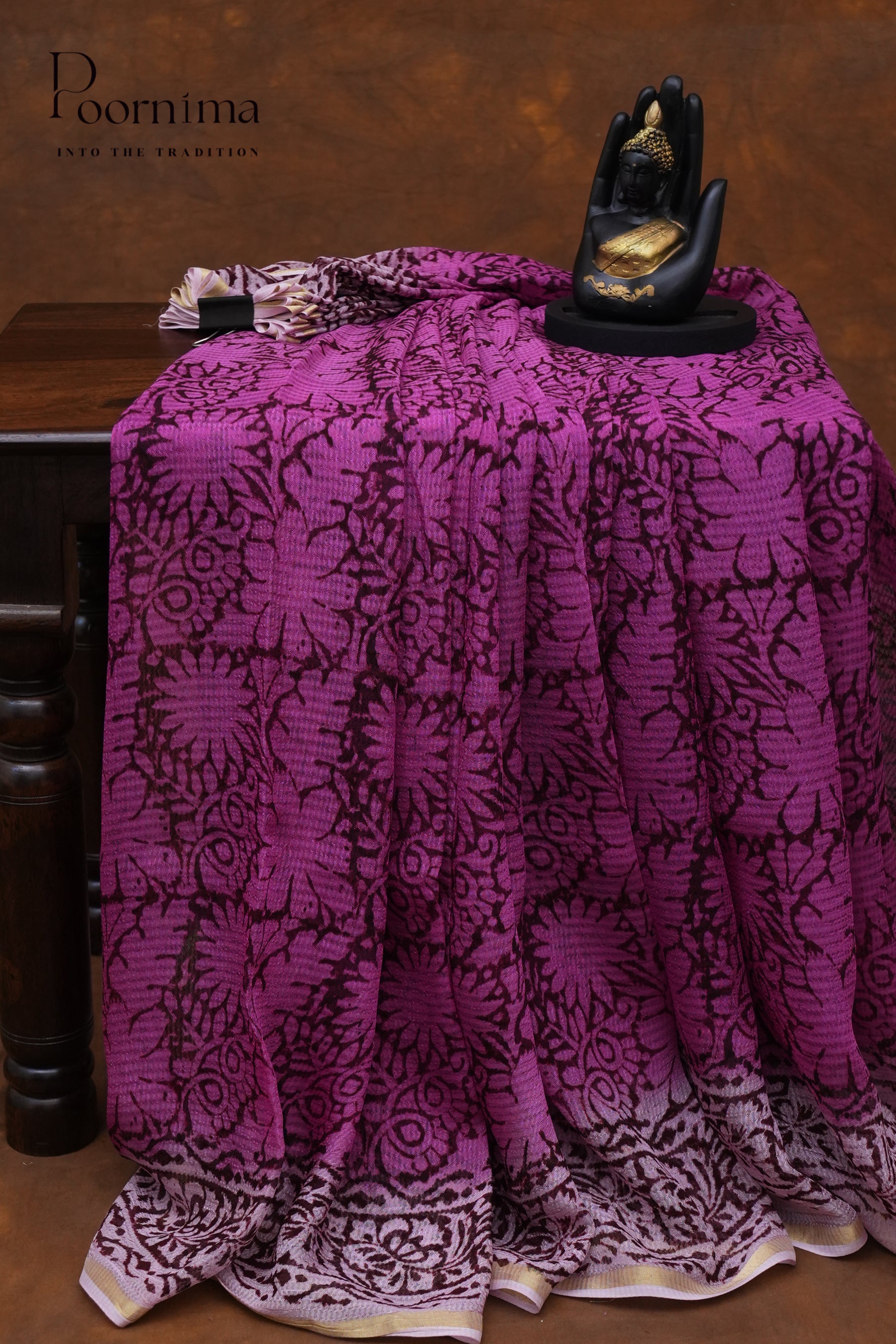 CHECKS GEORGETTE BLOCK PRINT SAREE-PURPLE