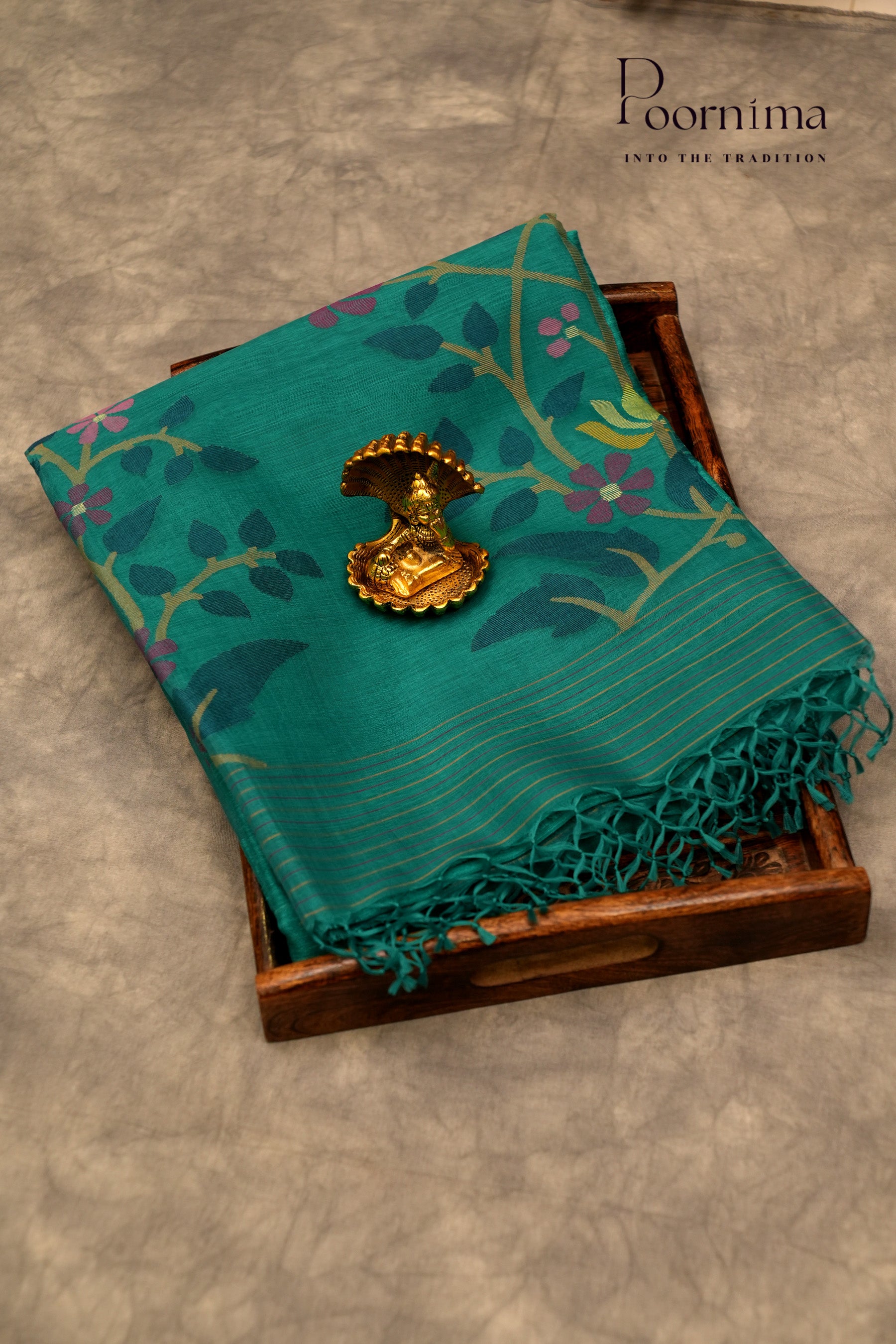 JUTE JAMDANI SAREE- BLUE GREEN