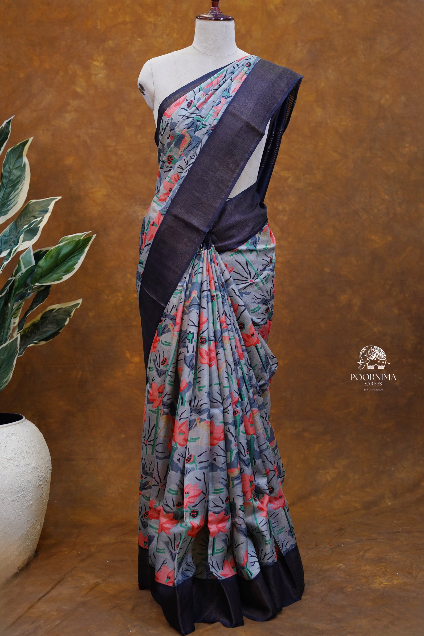 PURE TUSSAR SAREE - GREY