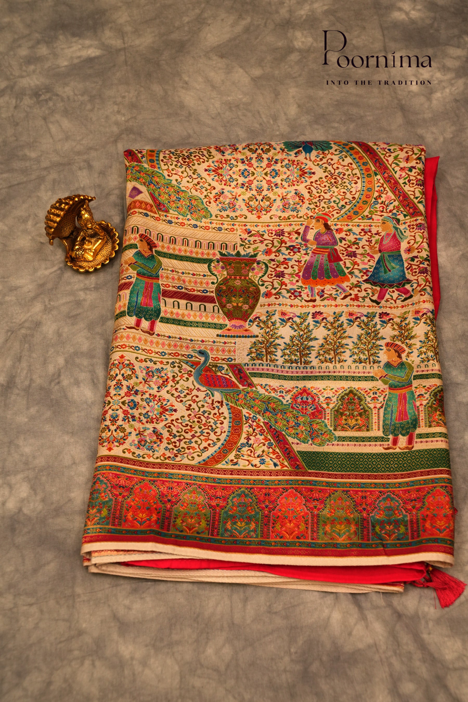 KASHMIR SILK SAREE- HALF WHITE