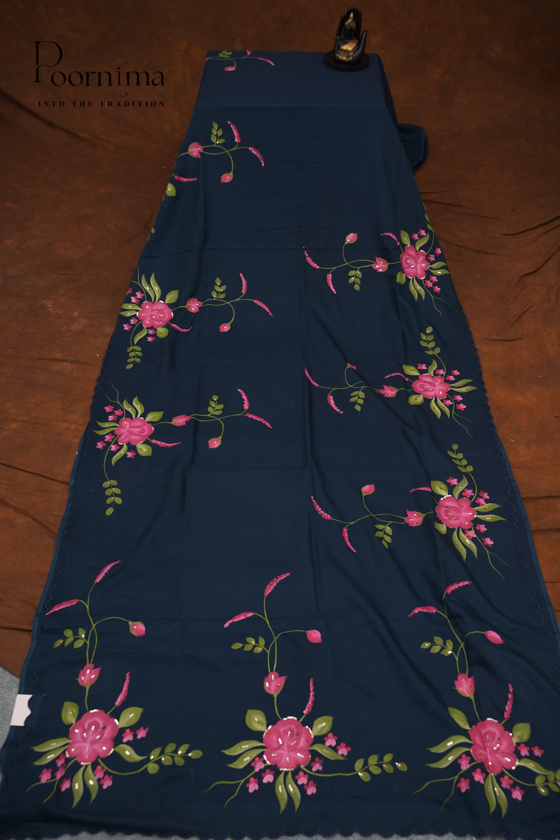 MANGALAGIRI HAND PRINTED SAREE-PEACOCK BLUE