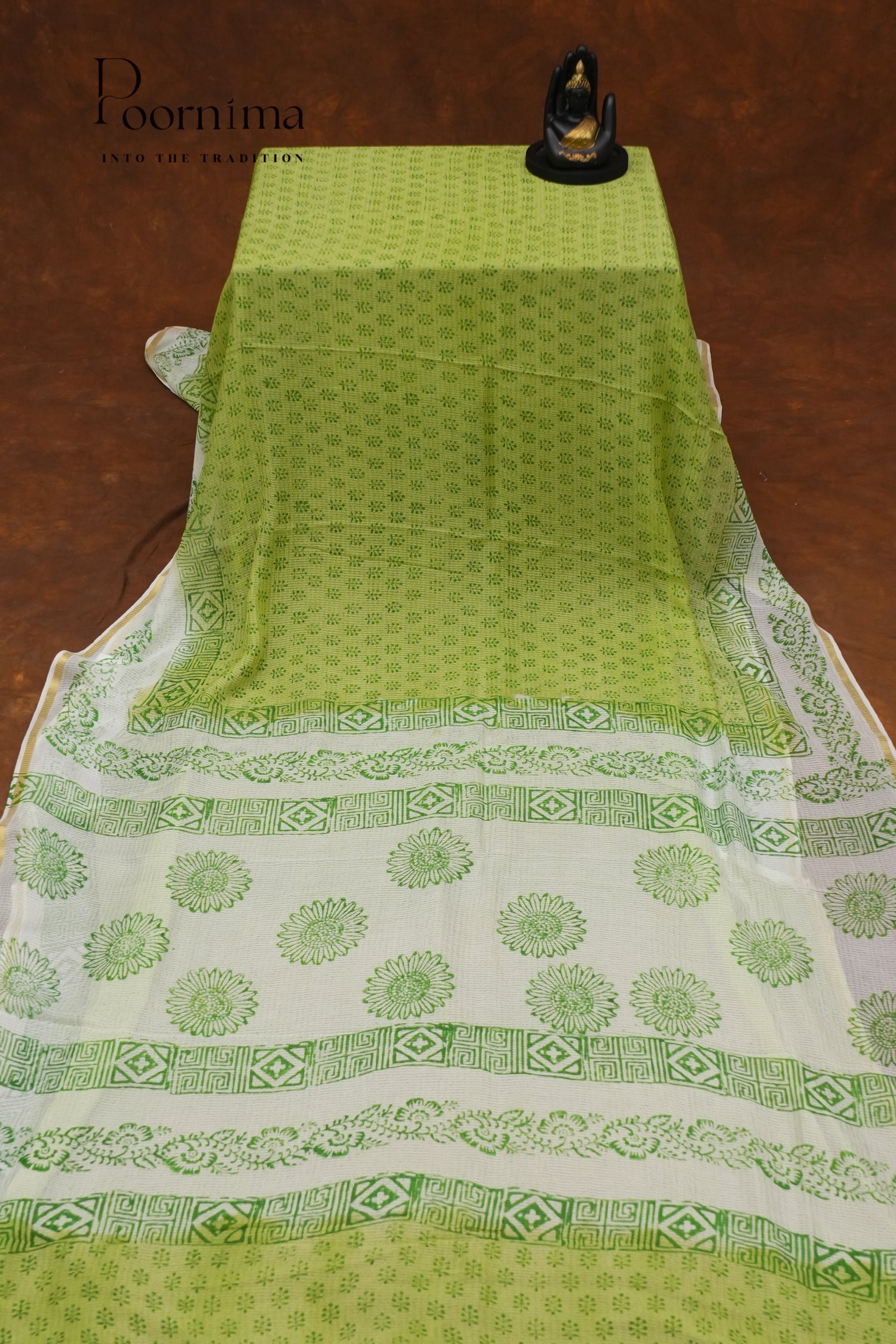 CHECKS GEORGETTE BLOCK PRINT SAREE-PARROT GREEN