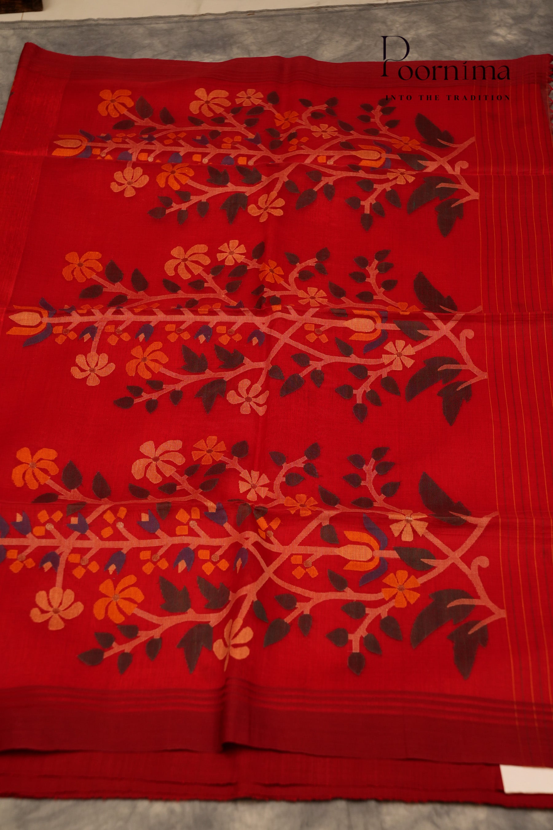 JUTE JAMDANI SAREE- CHERRY RED