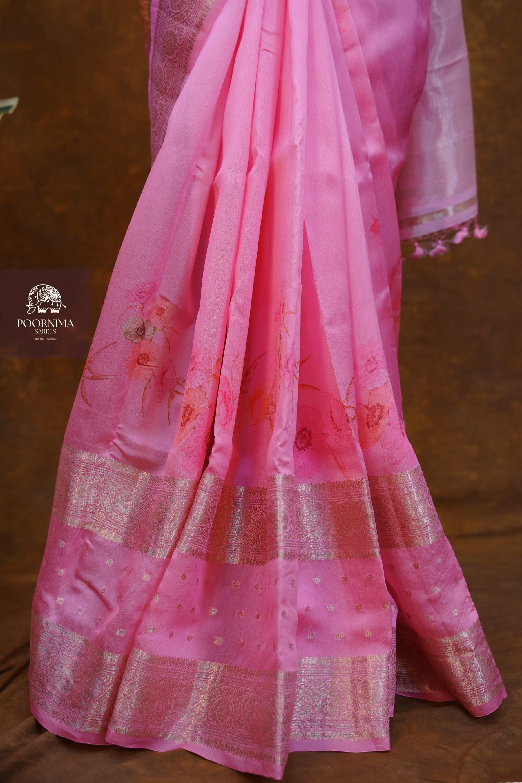 BANARASI SILK FUSION SAREE WITH DIGITAL PRINT-PINK