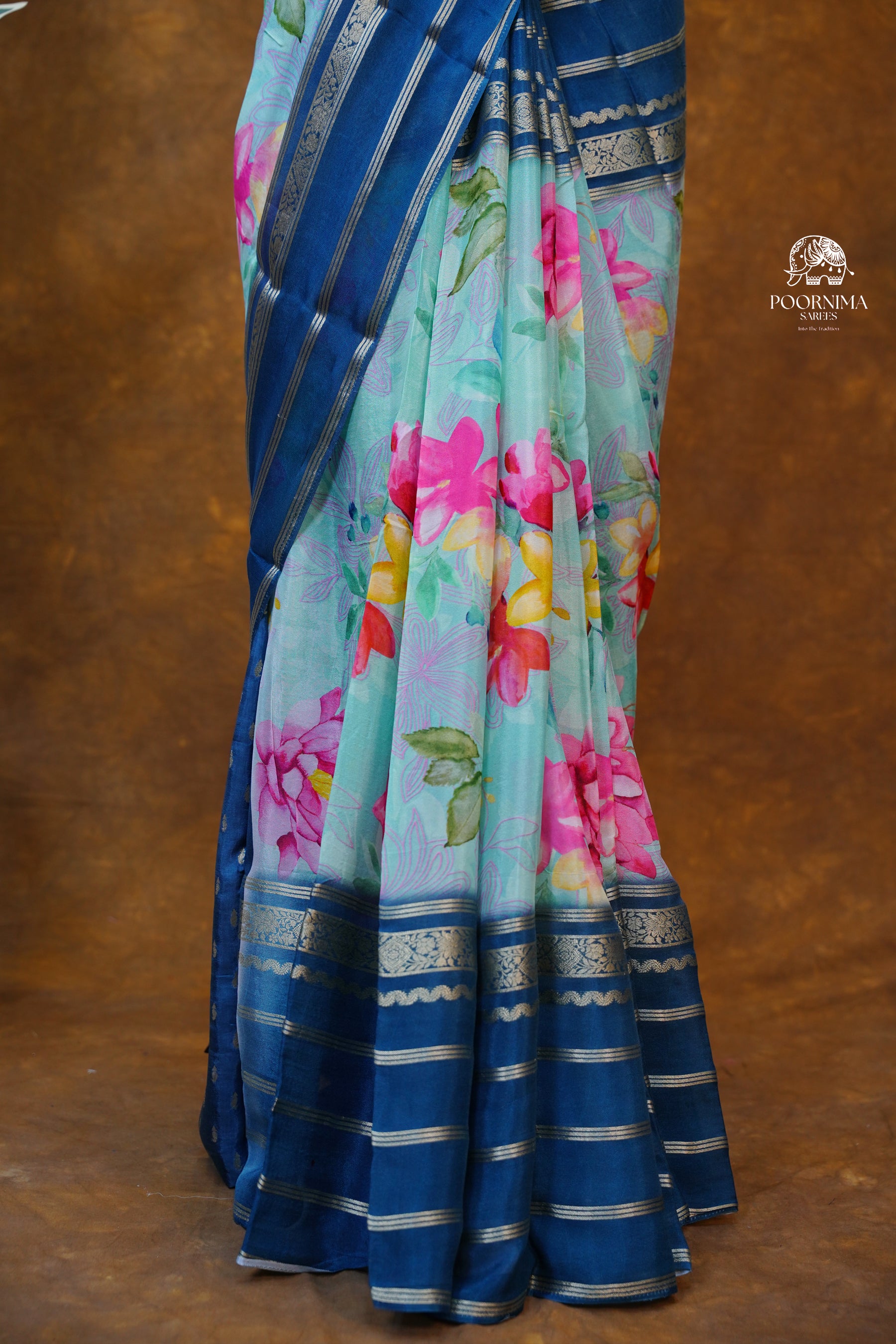MYSORE CRAPE DIGITAL PRINTED SAREE -SKY BLUE