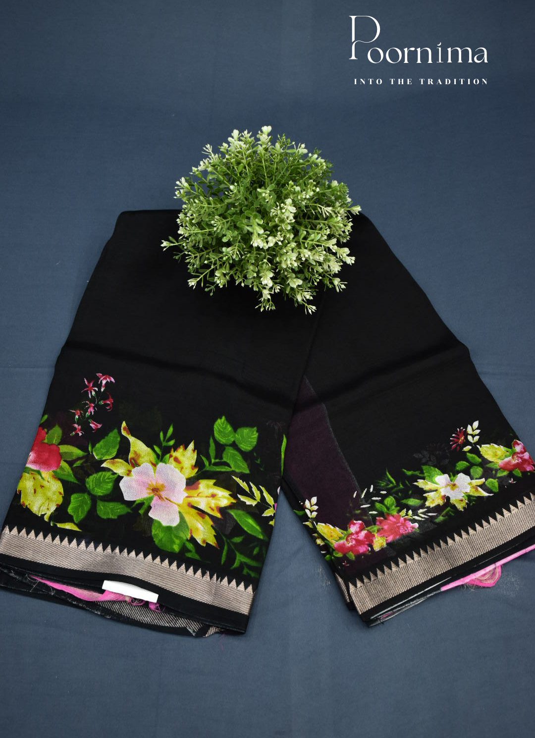 BLACK- PURE MANGALAGIRI PATTU SAREE WITH ALLOVER DIGITAL PRINTING