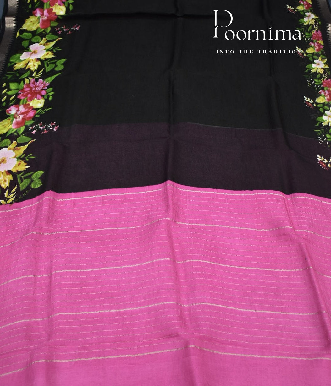 BLACK- PURE MANGALAGIRI PATTU SAREE WITH ALLOVER DIGITAL PRINTING
