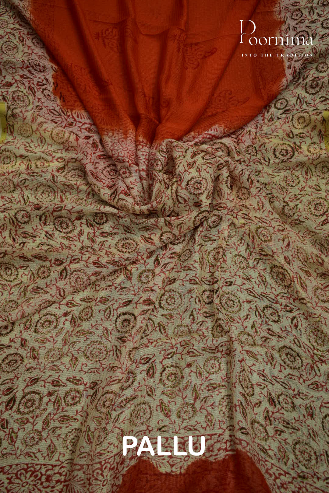 CREAM & ORNAGE - CHECKS GEORGETTE BLOCK PRINTED SAREES
