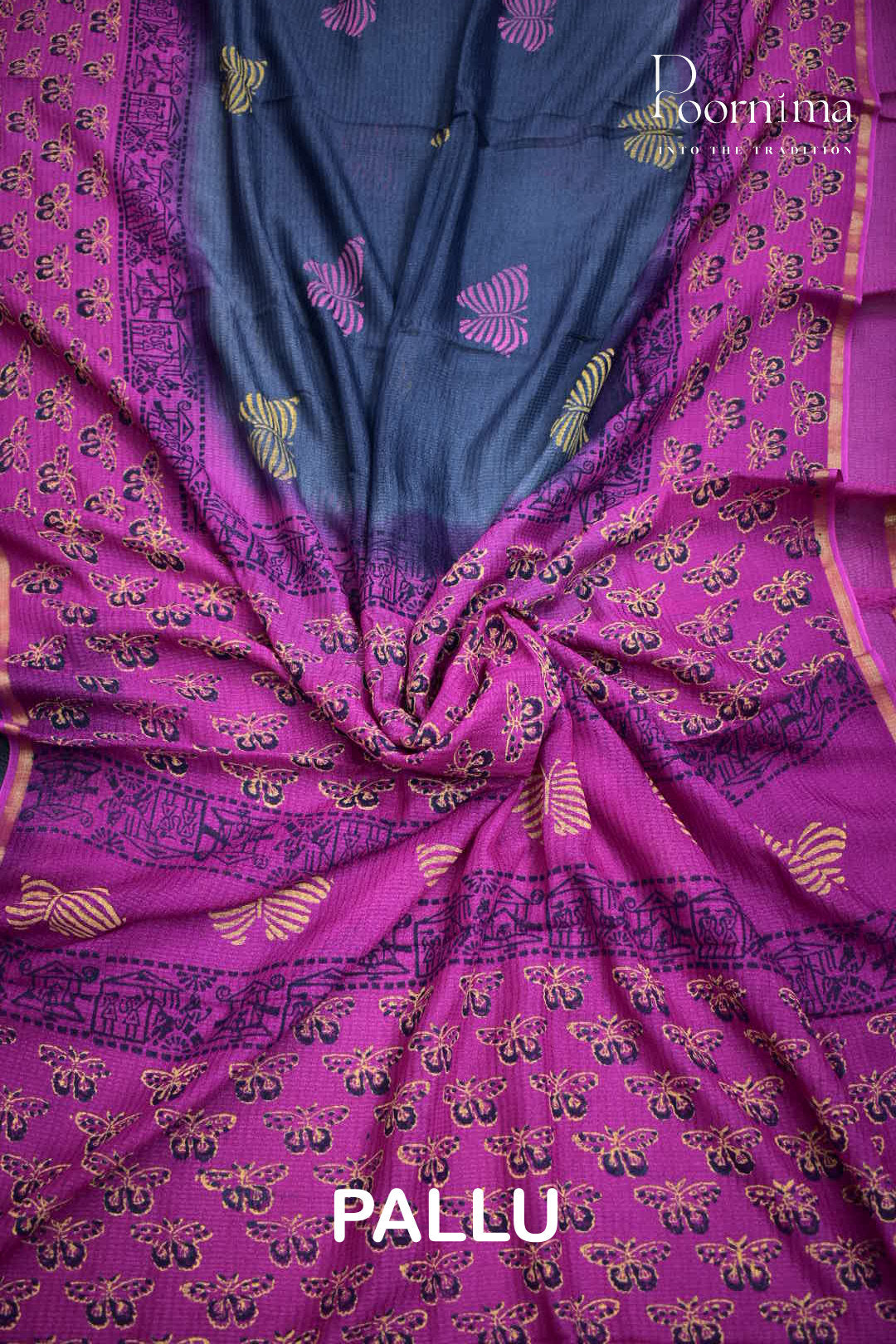 PURPLE & GREY - CHECKS GEORGETTE BLOCK PRINTED SAREES