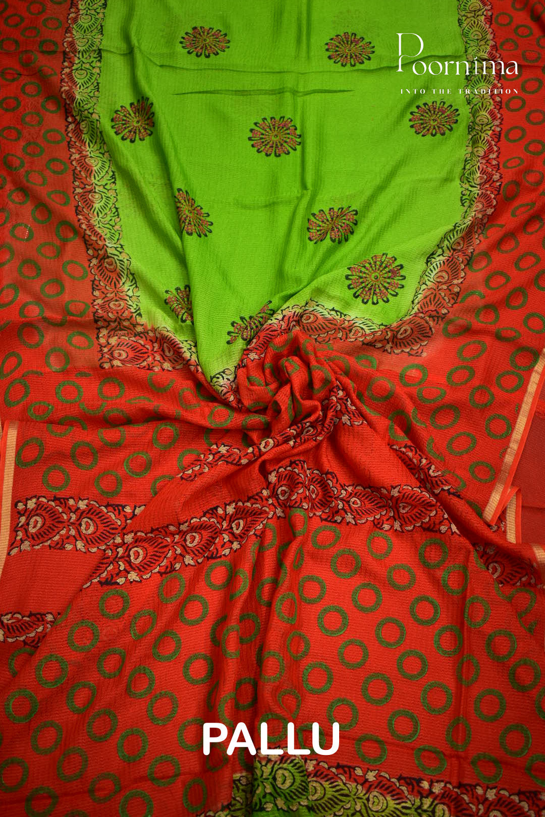GREEN & ORANGE - CHECKS GEORGETTE BLOCK PRINTED SAREES