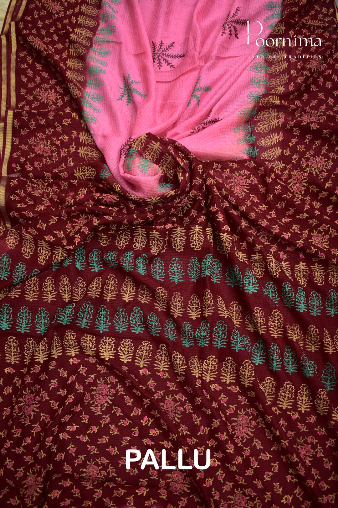 PINK & MAROON - CHECKS GEORGETTE BLOCK PRINTED SAREES