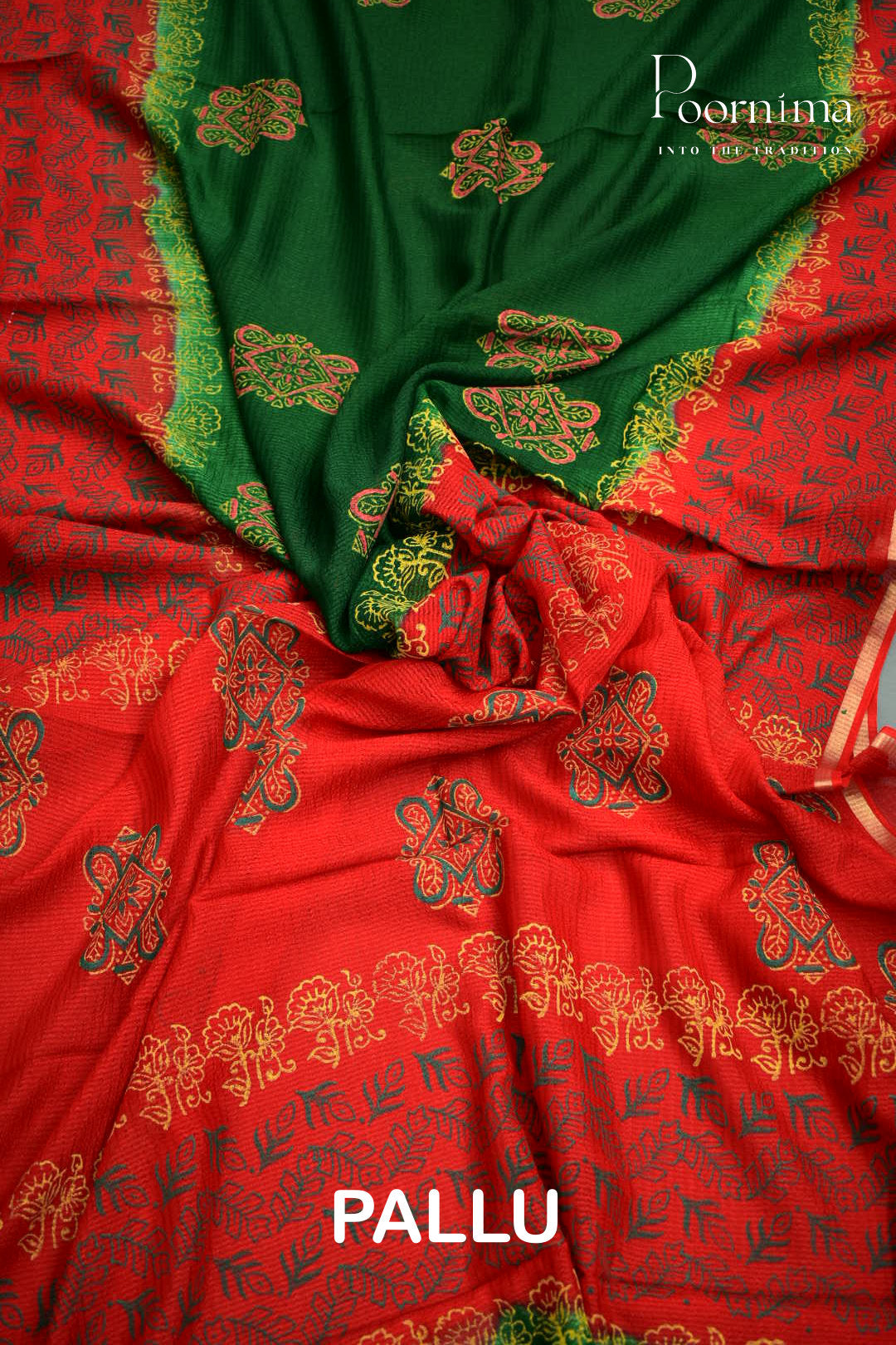 GREEN & RED - CHECKS GEORGETTE BLOCK PRINTED SAREES