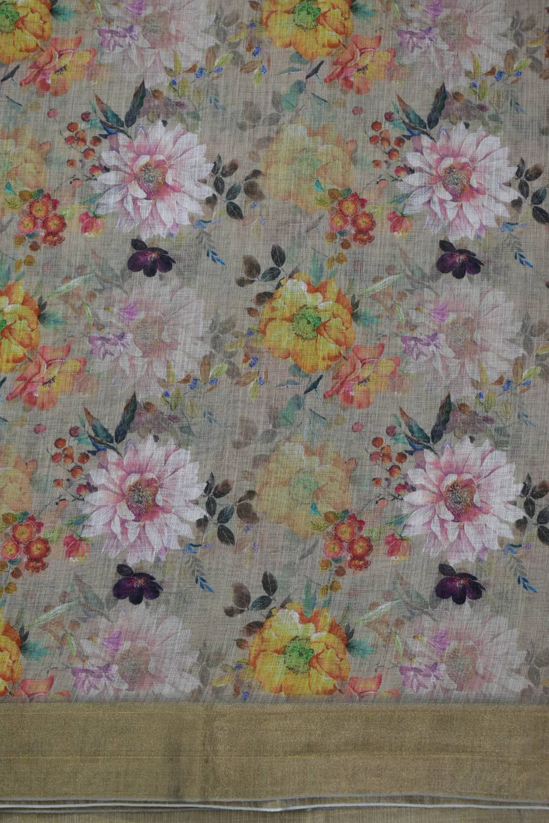 BEIGE- LINEN COTTON FLORAL PRINT SAREE