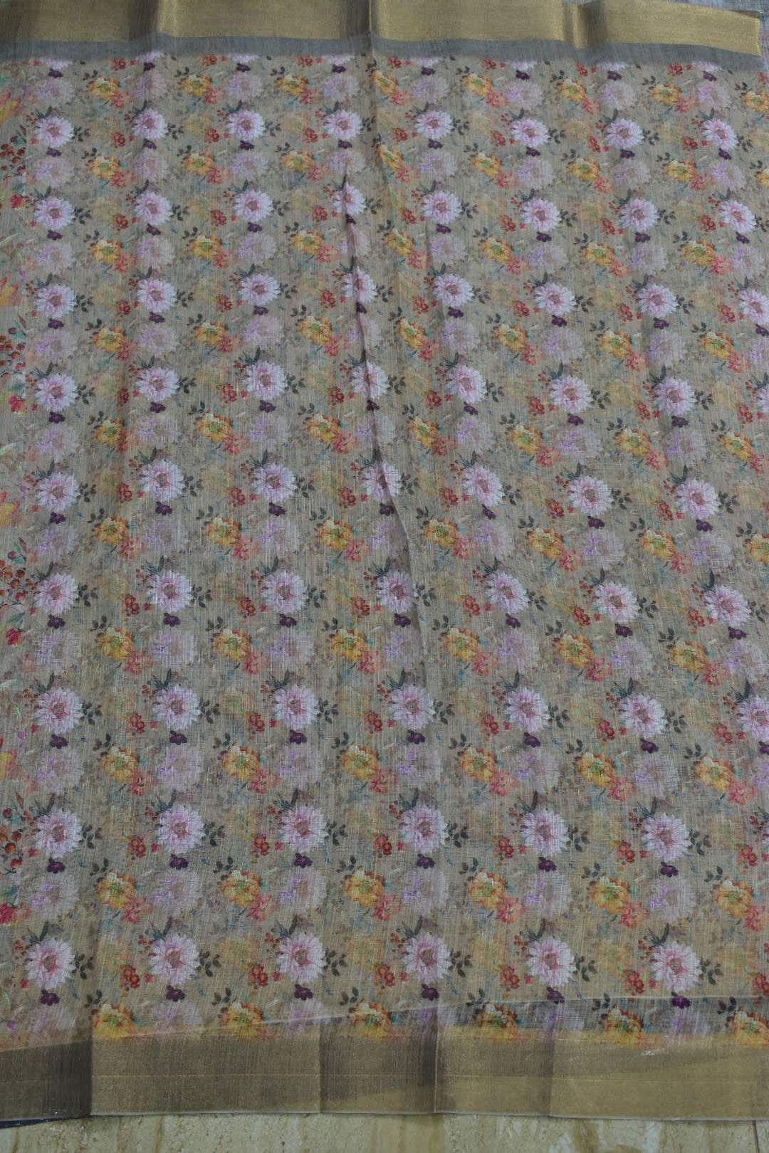 BEIGE- LINEN COTTON FLORAL PRINT SAREE