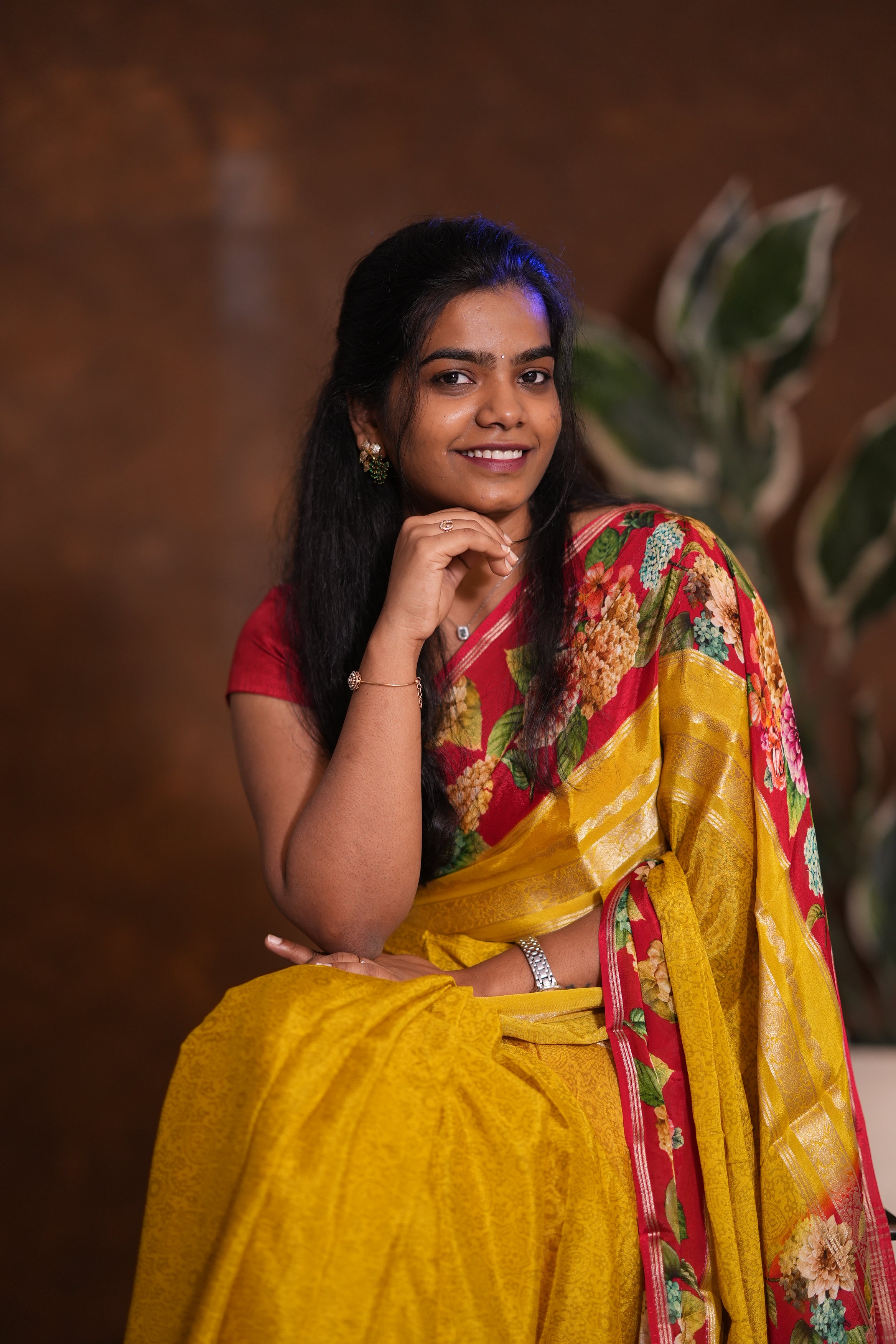 SEMI MYSORE CRAPE SAREE- YELLOW AND RED