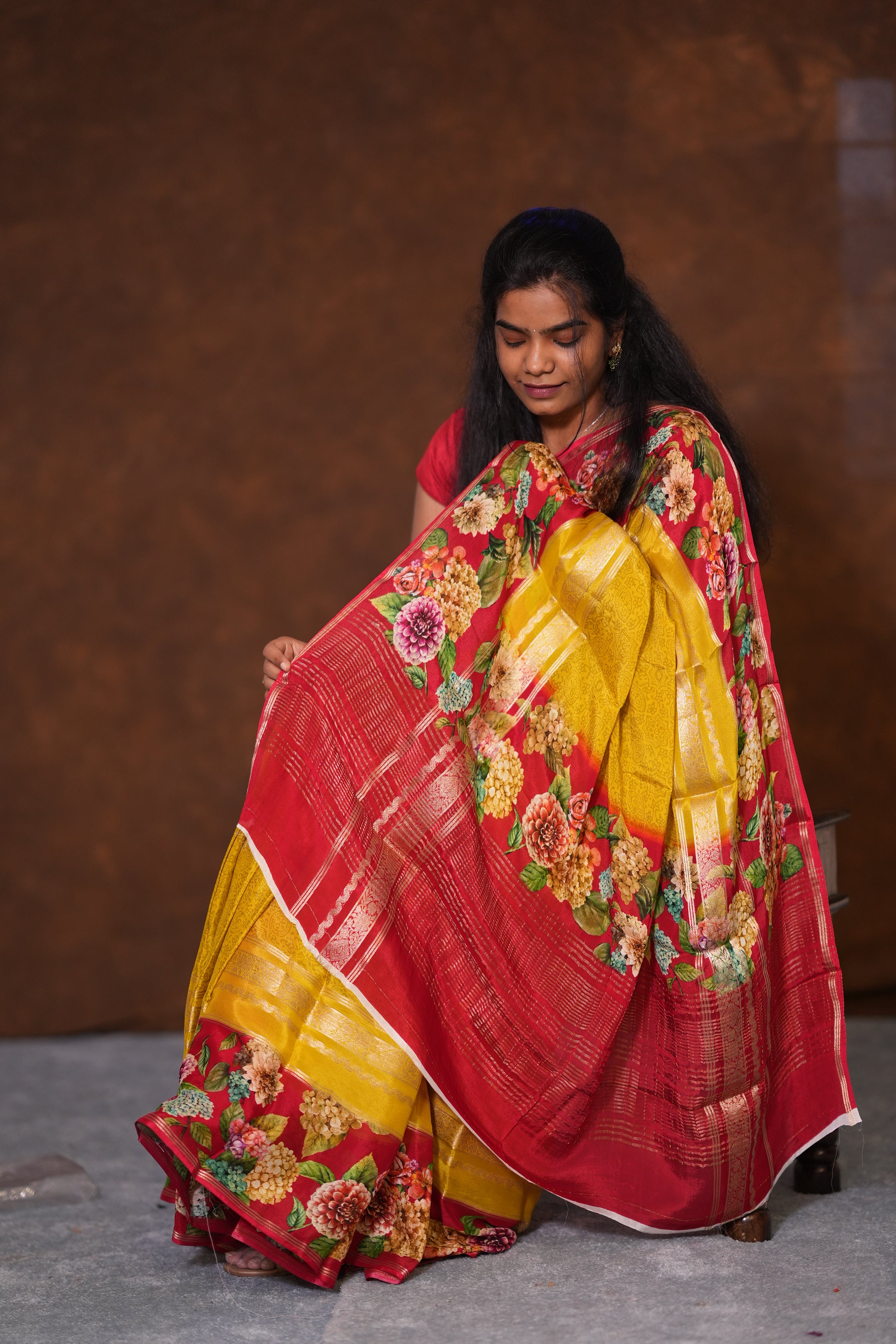 SEMI MYSORE CRAPE SAREE- YELLOW AND RED