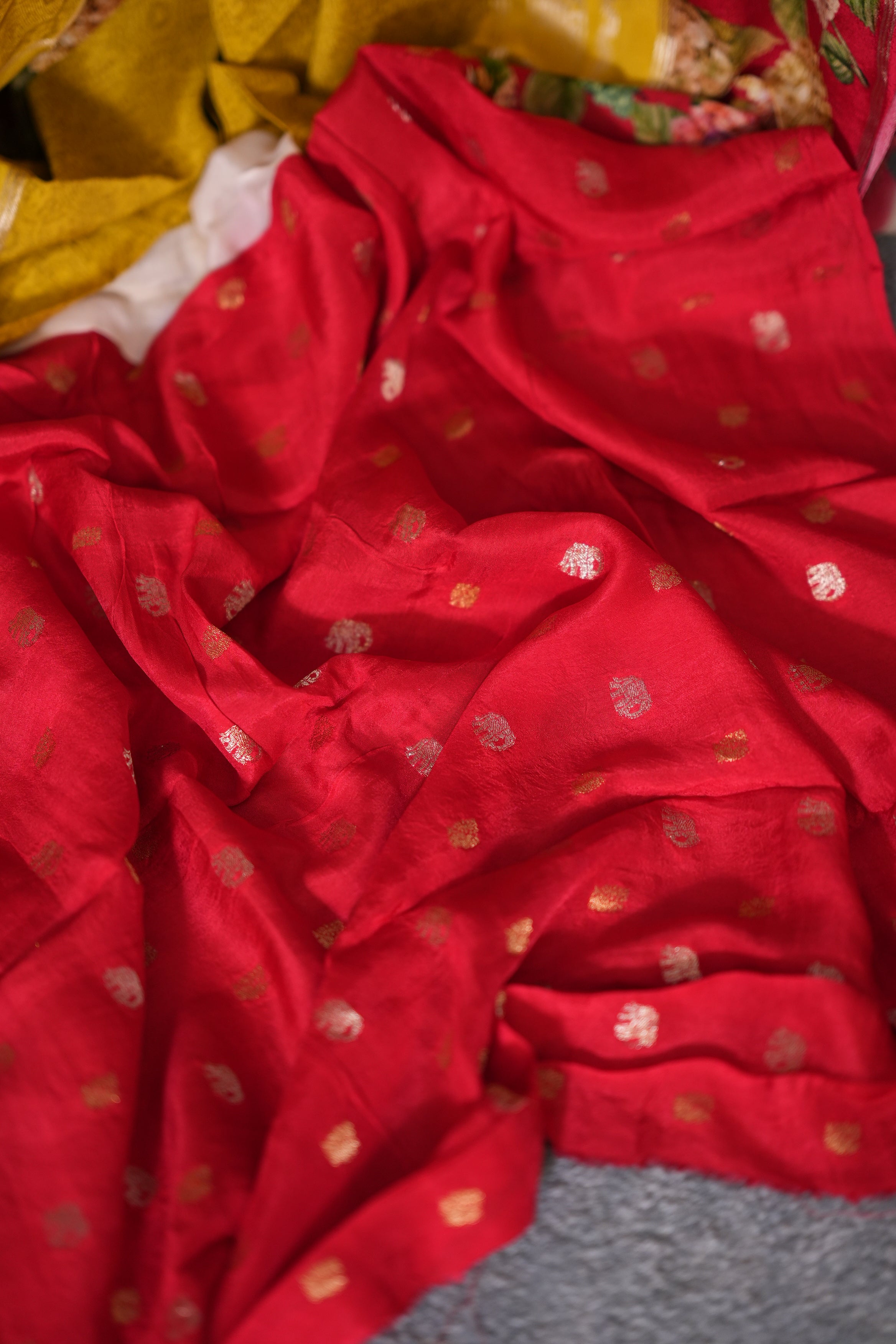 SEMI MYSORE CRAPE SAREE- YELLOW AND RED