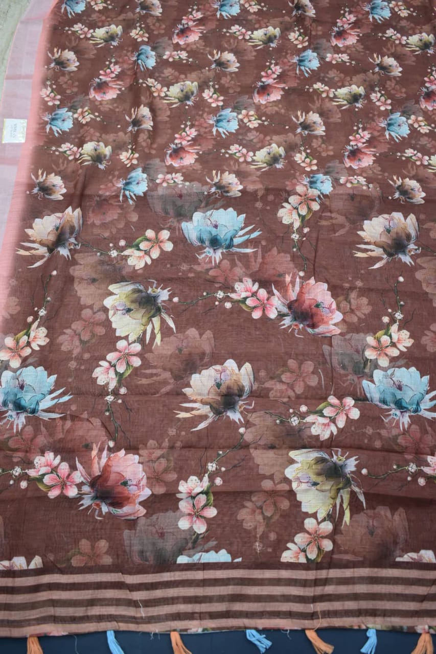 BROWN- LINEN COTTON FLORAL PRINT SAREE