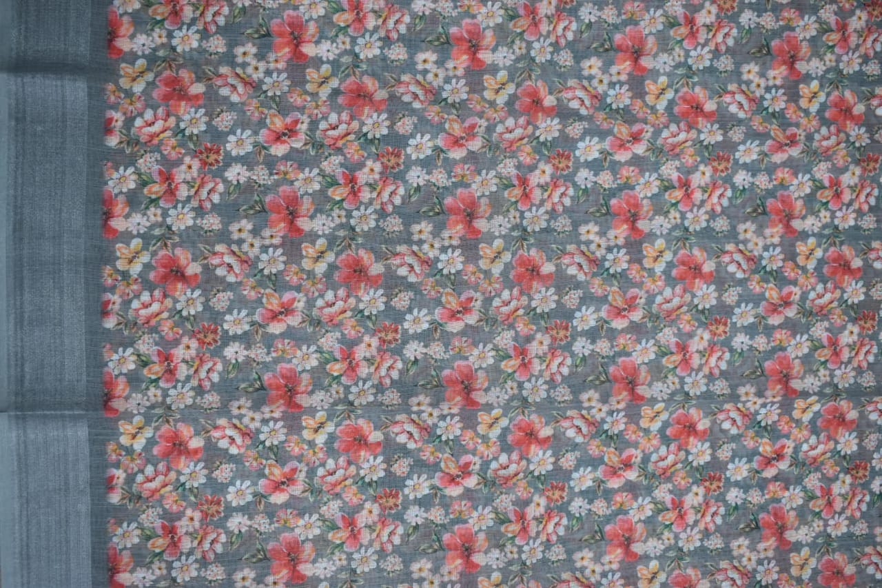 GREY- LINEN COTTON FLORAL PRINT SAREE