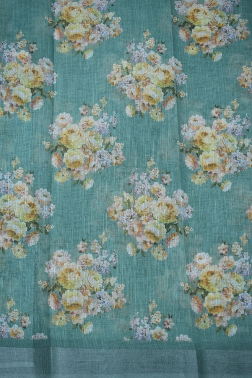 LIGHT GREEN- LINEN COTTON FLORAL PRINT SAREE
