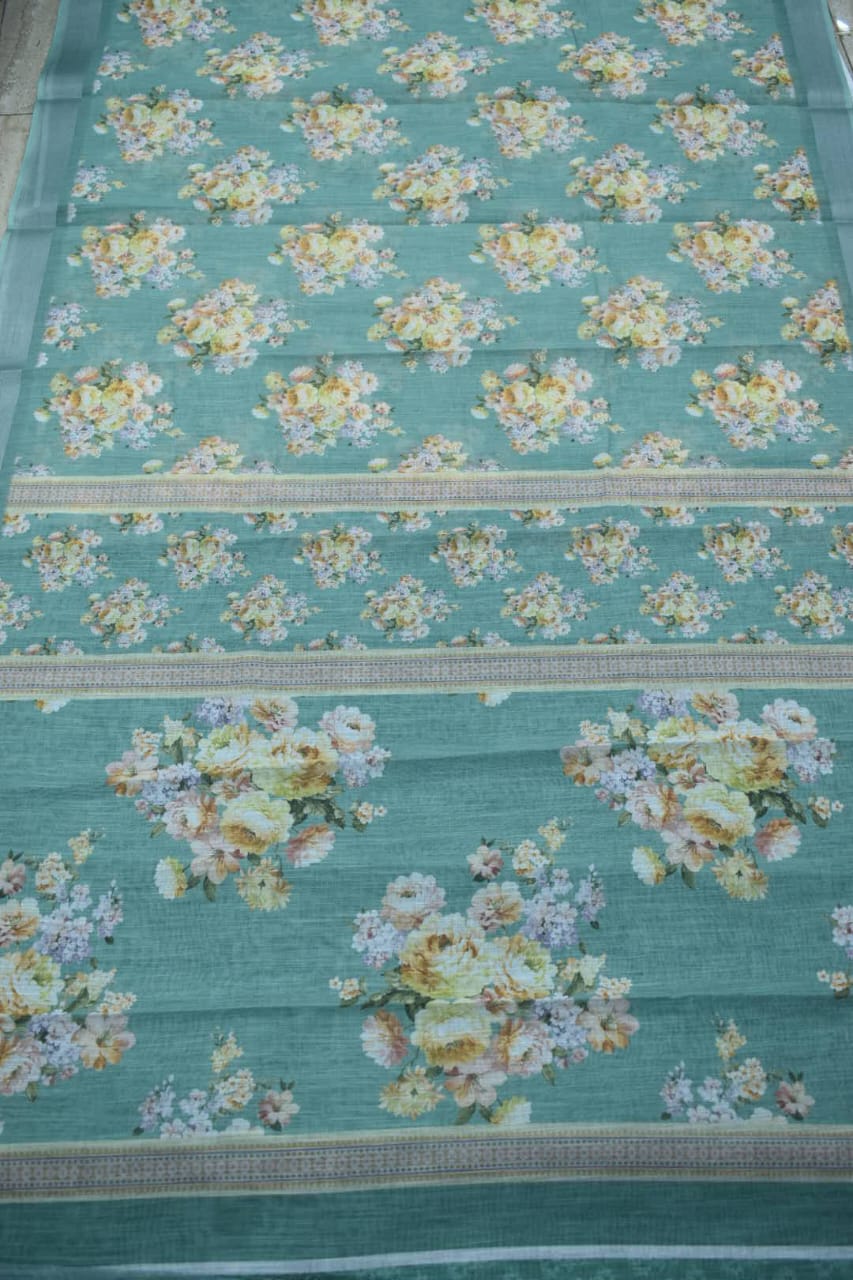 LIGHT GREEN- LINEN COTTON FLORAL PRINT SAREE