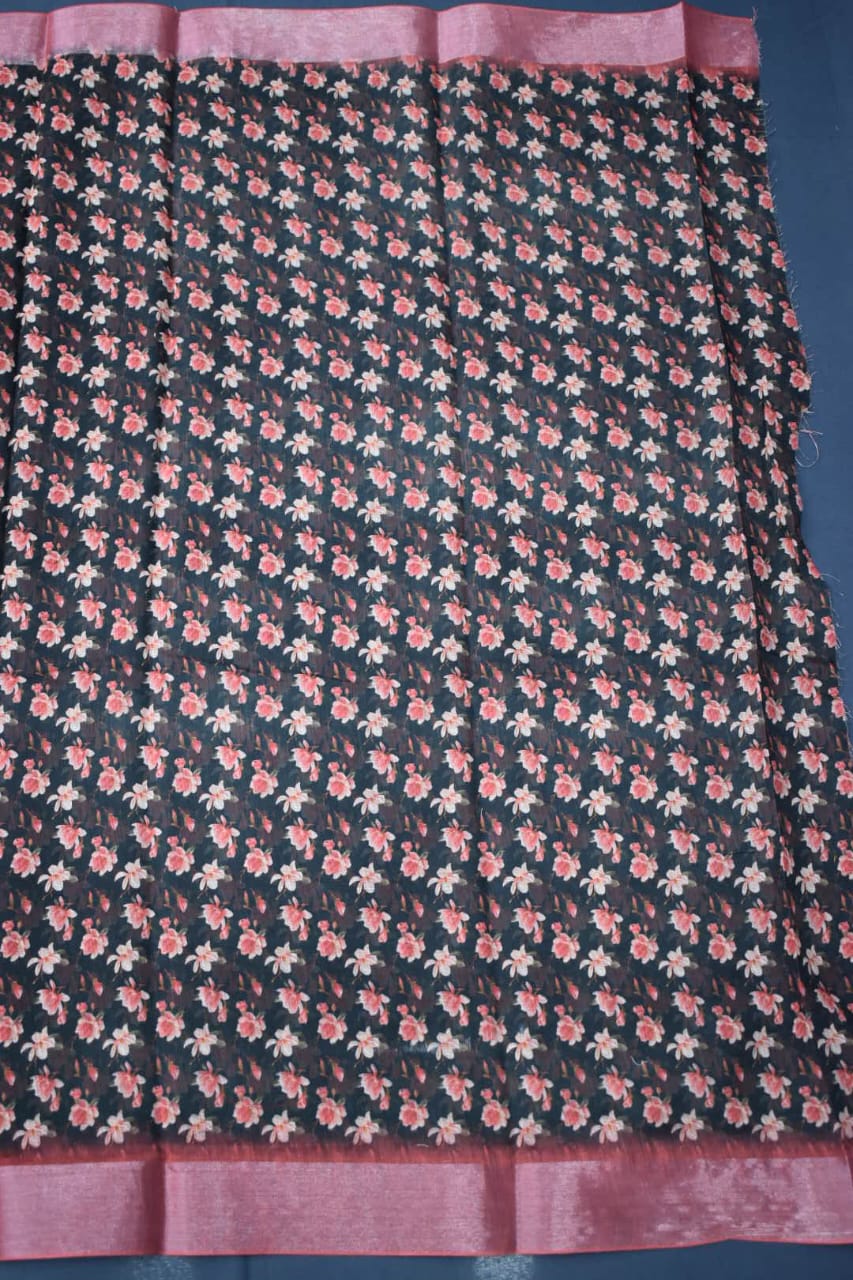 DARK GREEN- LINEN COTTON FLORAL PRINT SAREE