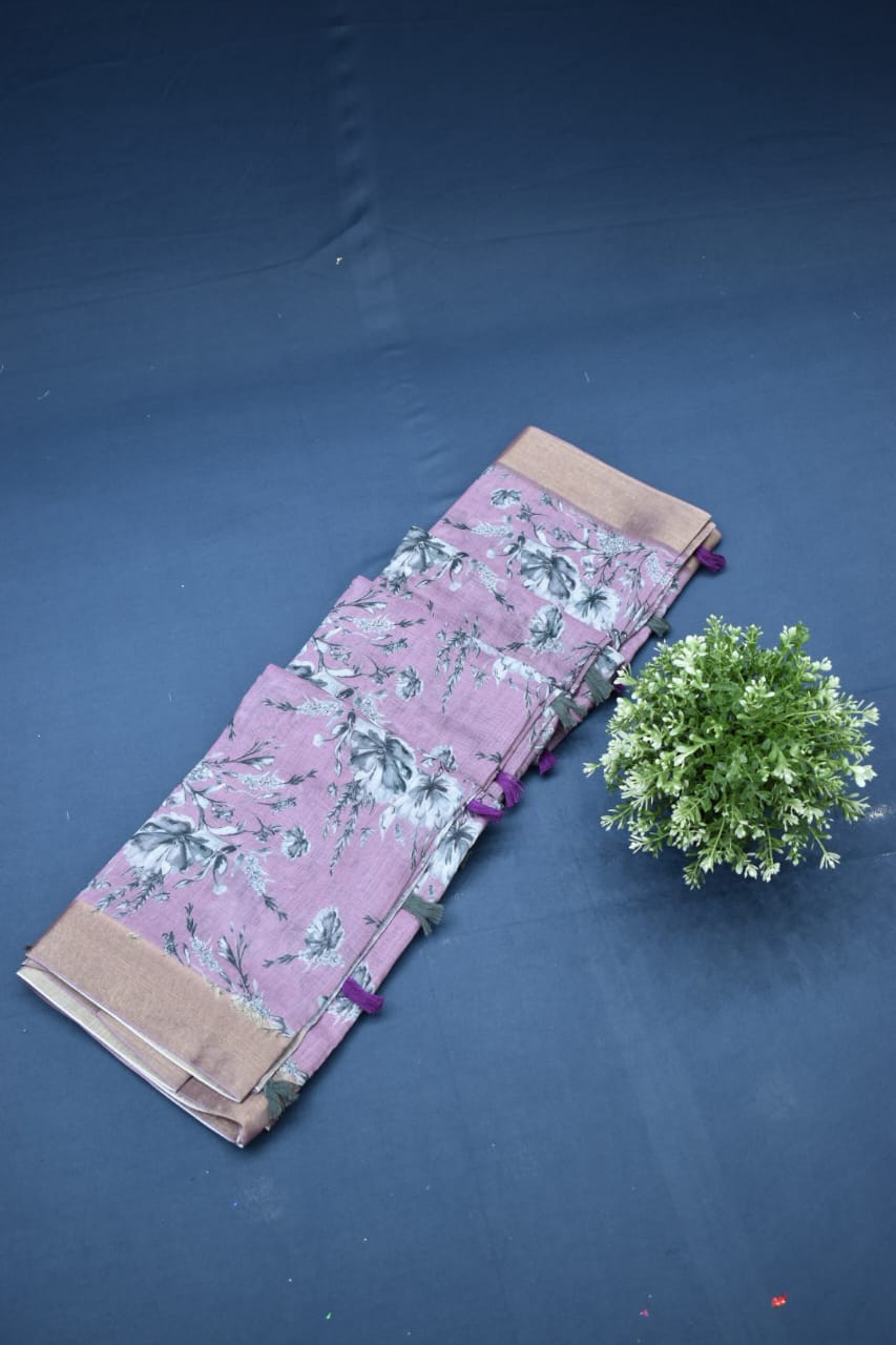 PURPLE- LINEN COTTON FLORAL PRINT SAREE
