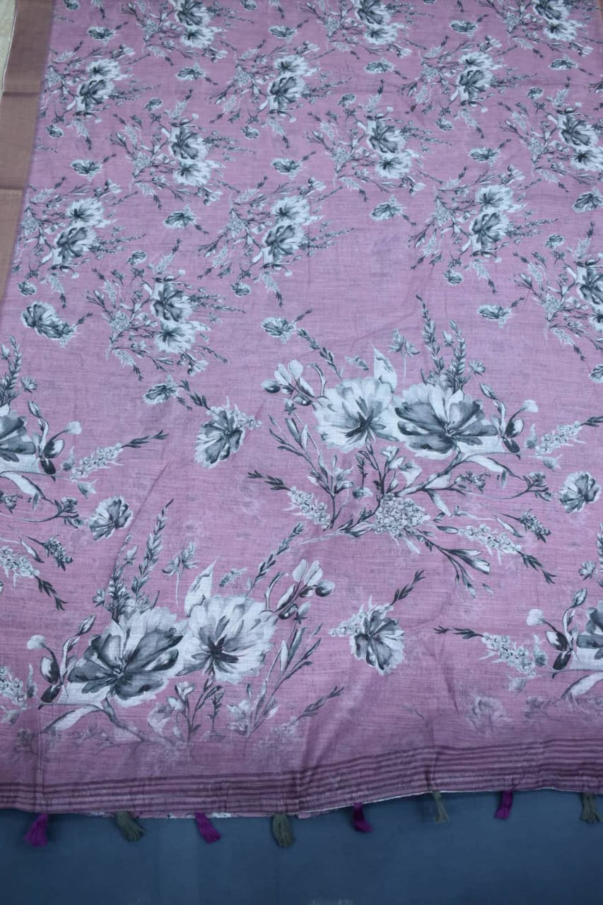 PURPLE- LINEN COTTON FLORAL PRINT SAREE