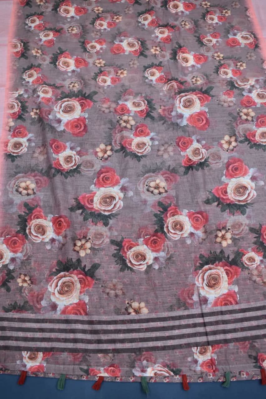 OLD ROSE- LINEN COTTON FLORAL PRINT SAREE