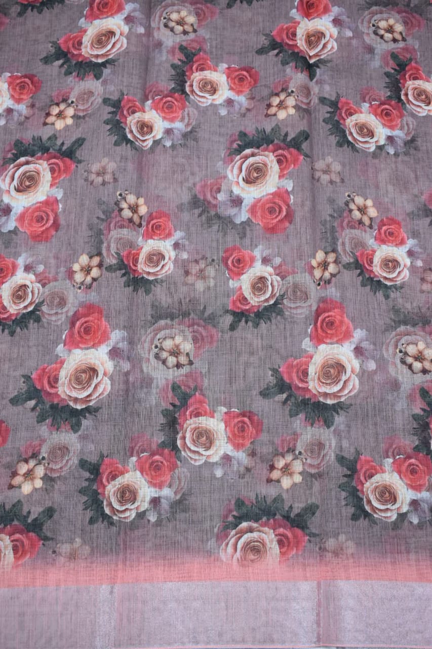 OLD ROSE- LINEN COTTON FLORAL PRINT SAREE