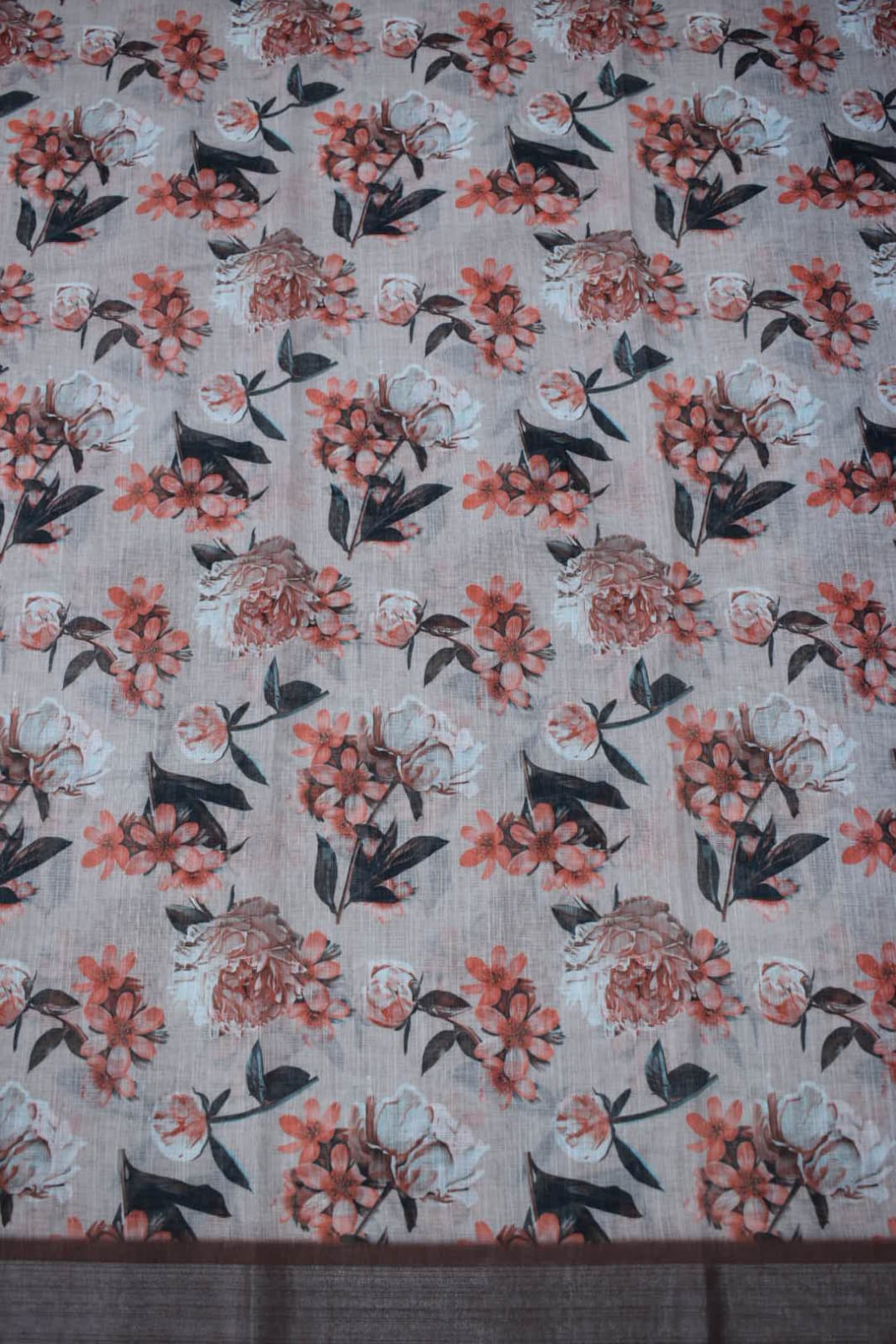 WHITE- LINEN COTTON FLORAL PRINT SAREE