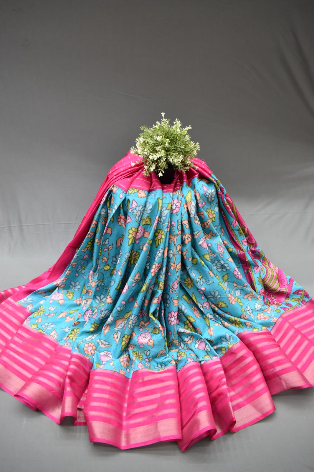 SKY BLUE- KALAMKARI PRINT CHANDERI SASREE