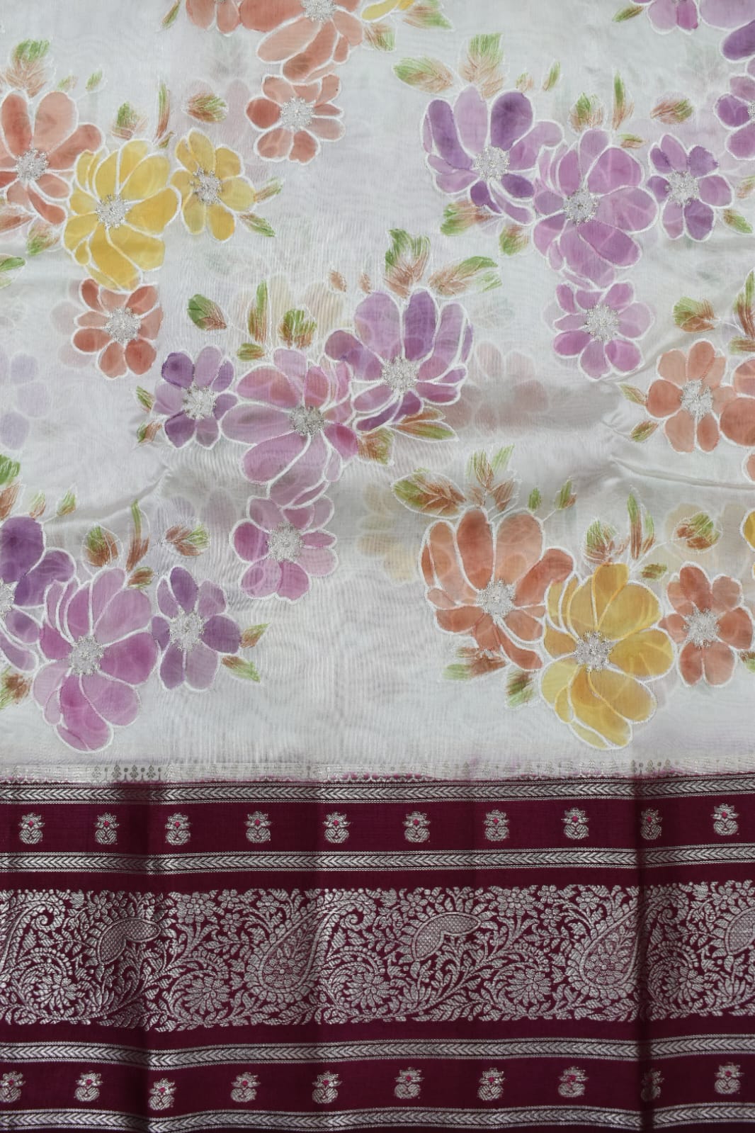 HALF WHITE- PURE BANARASI APPLIQUE WORK SAREE