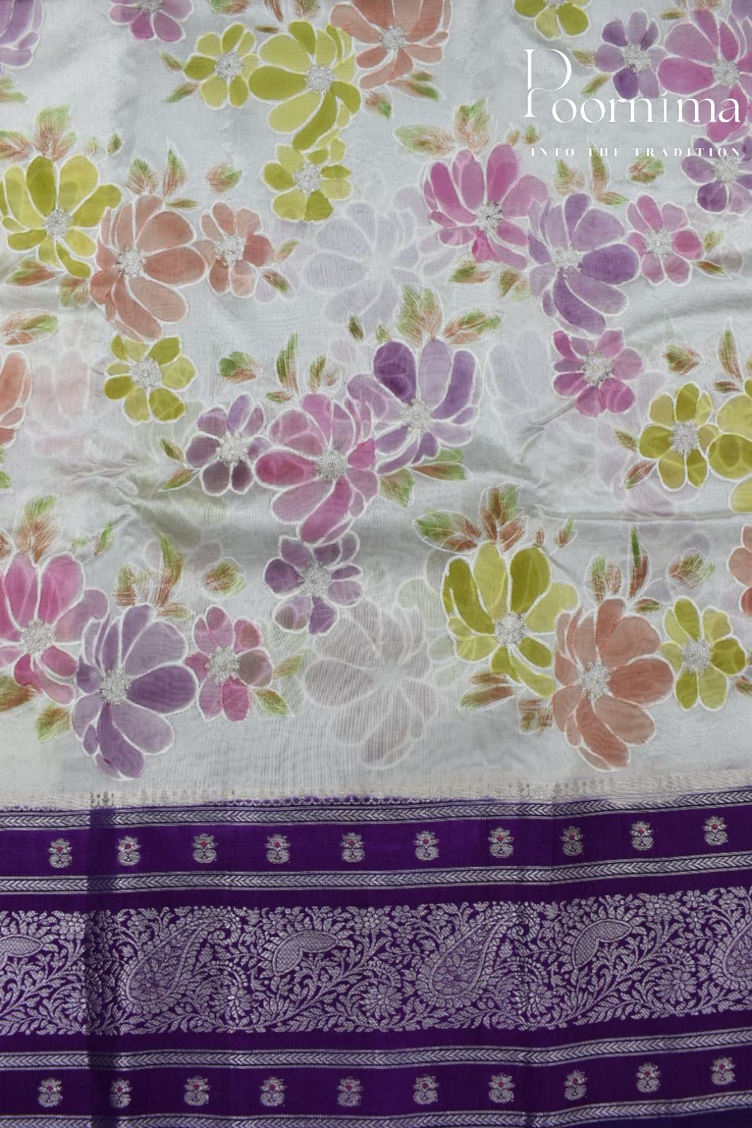 HALF WHITE- PURE BANARASI APPLIQUE WORK SAREE
