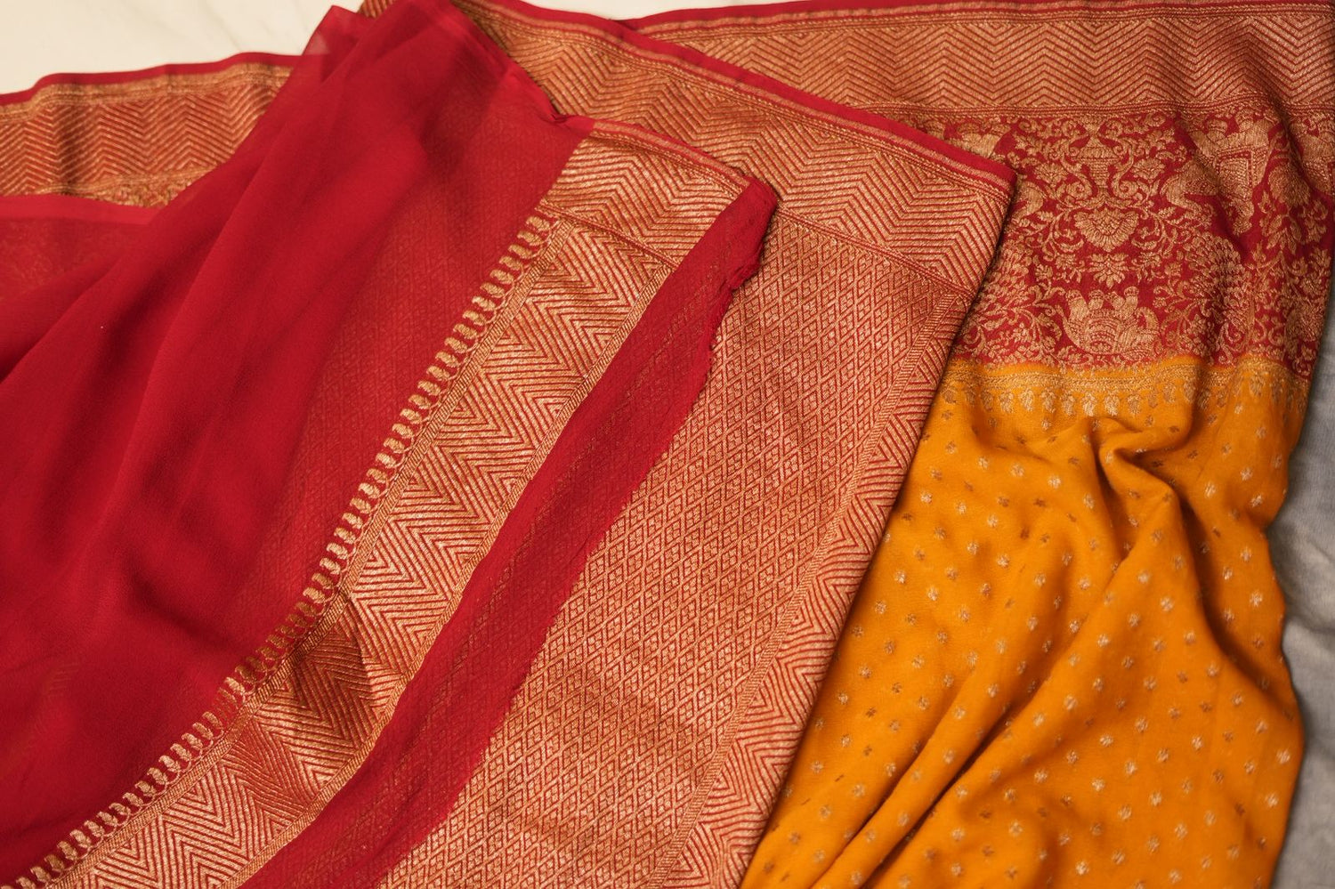 KHADDI GEORGETTE SAREE-  MUSTARD YELLOW
