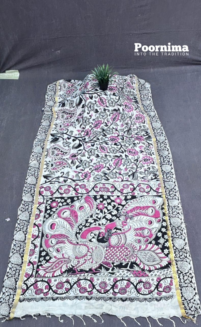 The beautiful saree with pink and black combination with Allover kalamkari Printing