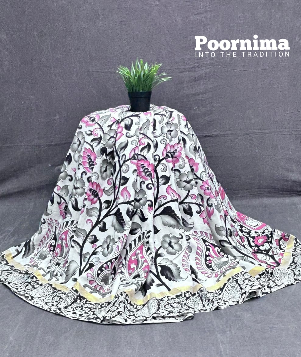 The beautiful saree with pink and black combination with Allover kalamkari Printing