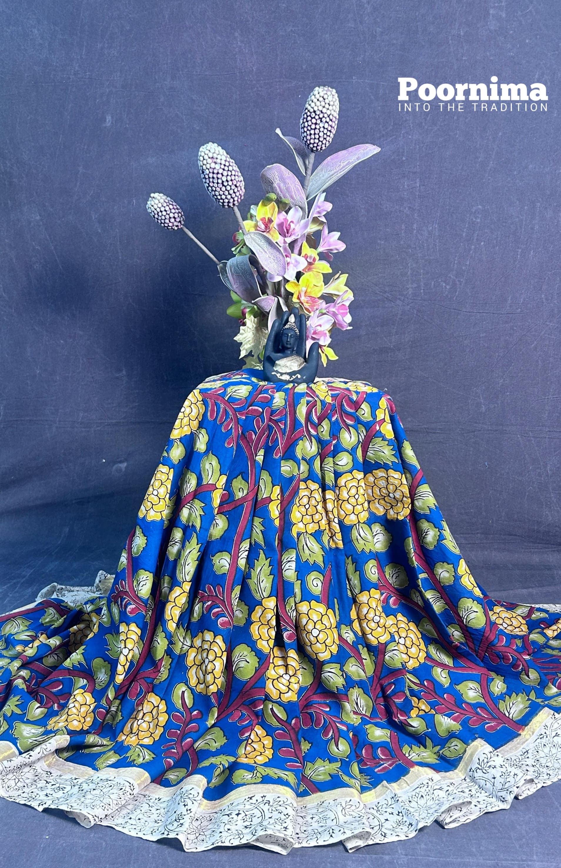 THUSER WITH KALAMKARI PRINT YELLOW FLOWERS GREEEN LIFS WITH BODY COLUR AND SMALL GOLD JARRY BORDER