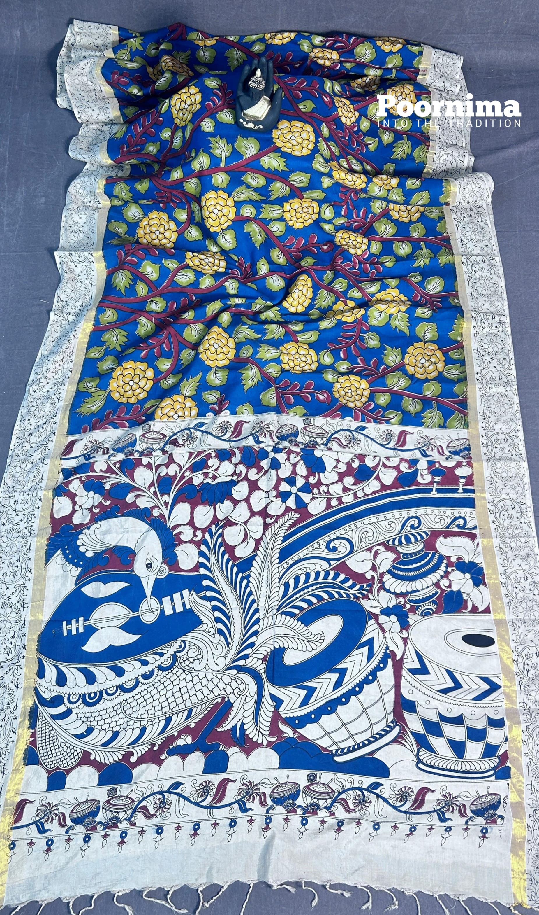 THUSER WITH KALAMKARI PRINT YELLOW FLOWERS GREEEN LIFS WITH BODY COLUR AND SMALL GOLD JARRY BORDER