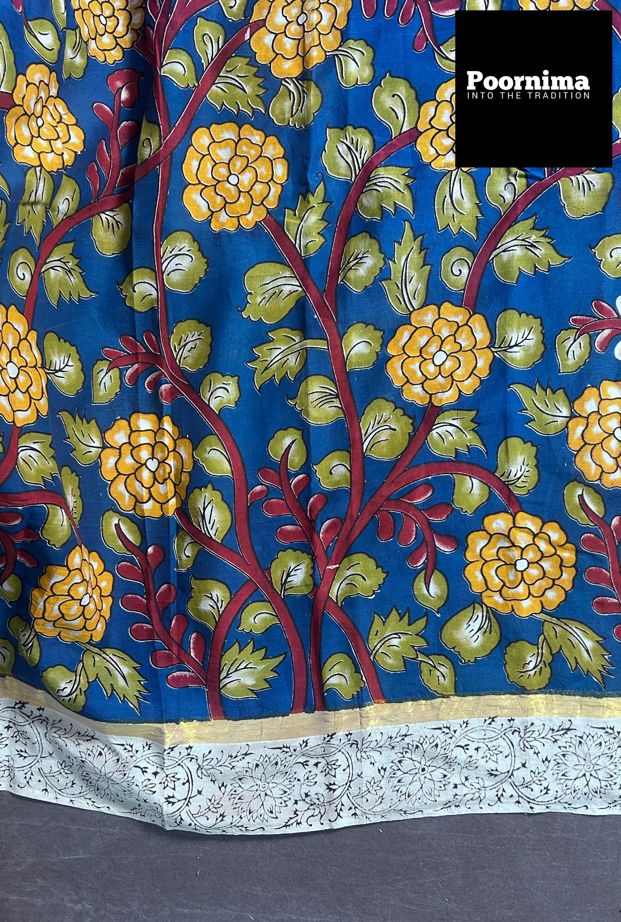 THUSER WITH KALAMKARI PRINT YELLOW FLOWERS GREEEN LIFS WITH BODY COLUR AND SMALL GOLD JARRY BORDER