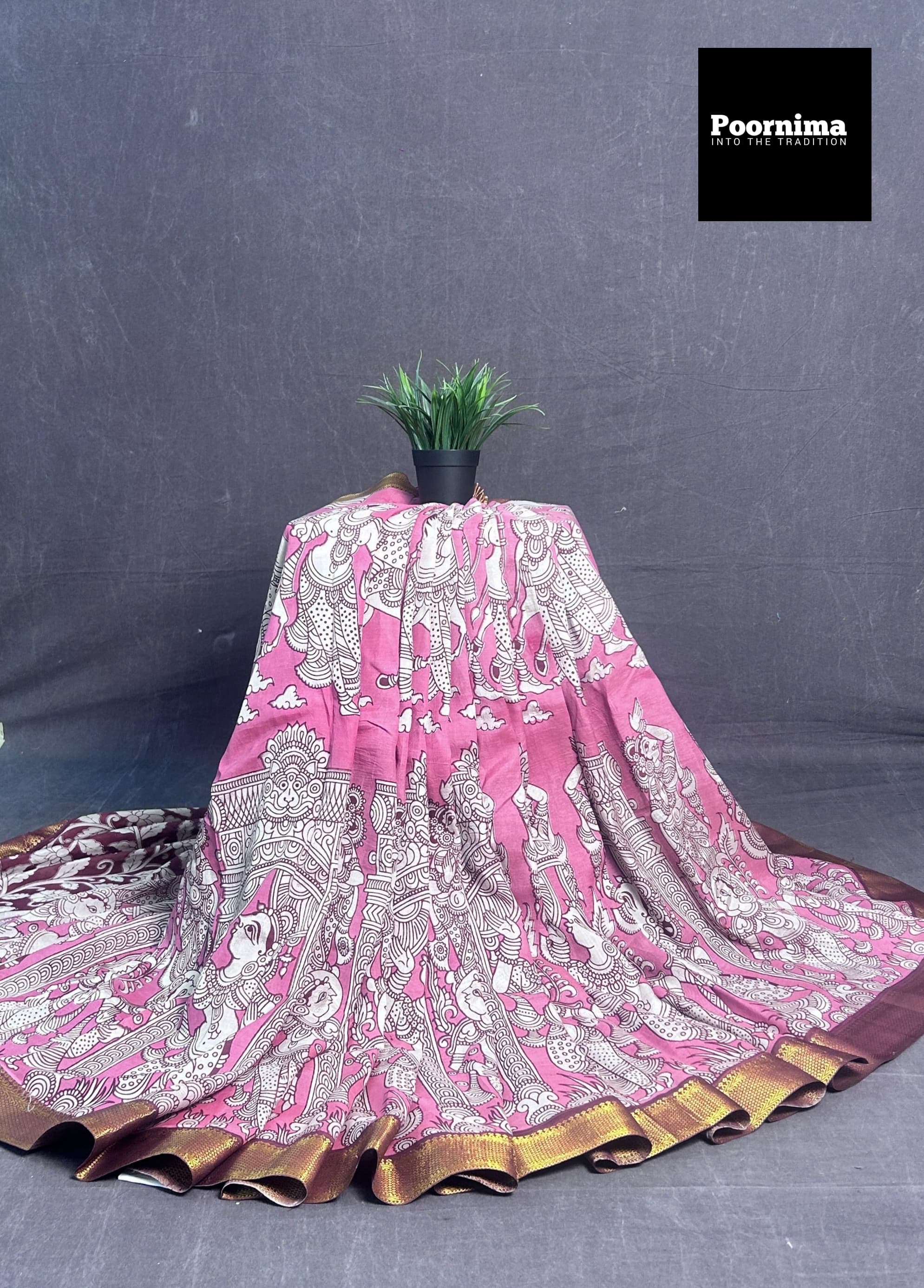 KADHI SILK WITH KANCHI BORDER PINK AND WHITE COMBINATION WITH KALAMAKARI PRINTS