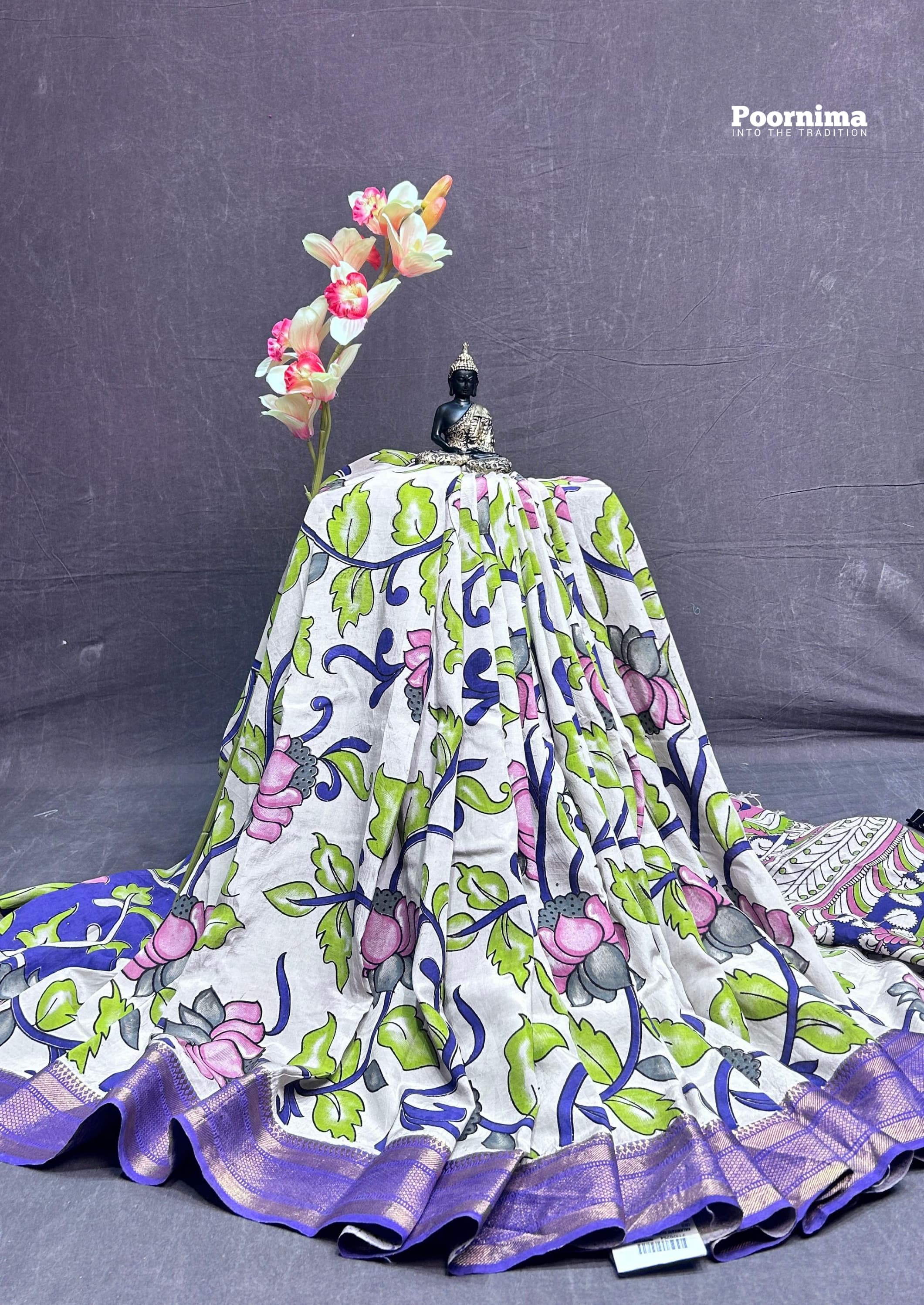 KADHI TUSSAR WITH KALAMKARI PRINTS AND PURLE AND GREEN COMIBIANTOIN WITH KANCHI BORDER CREAM BODY COLOUR