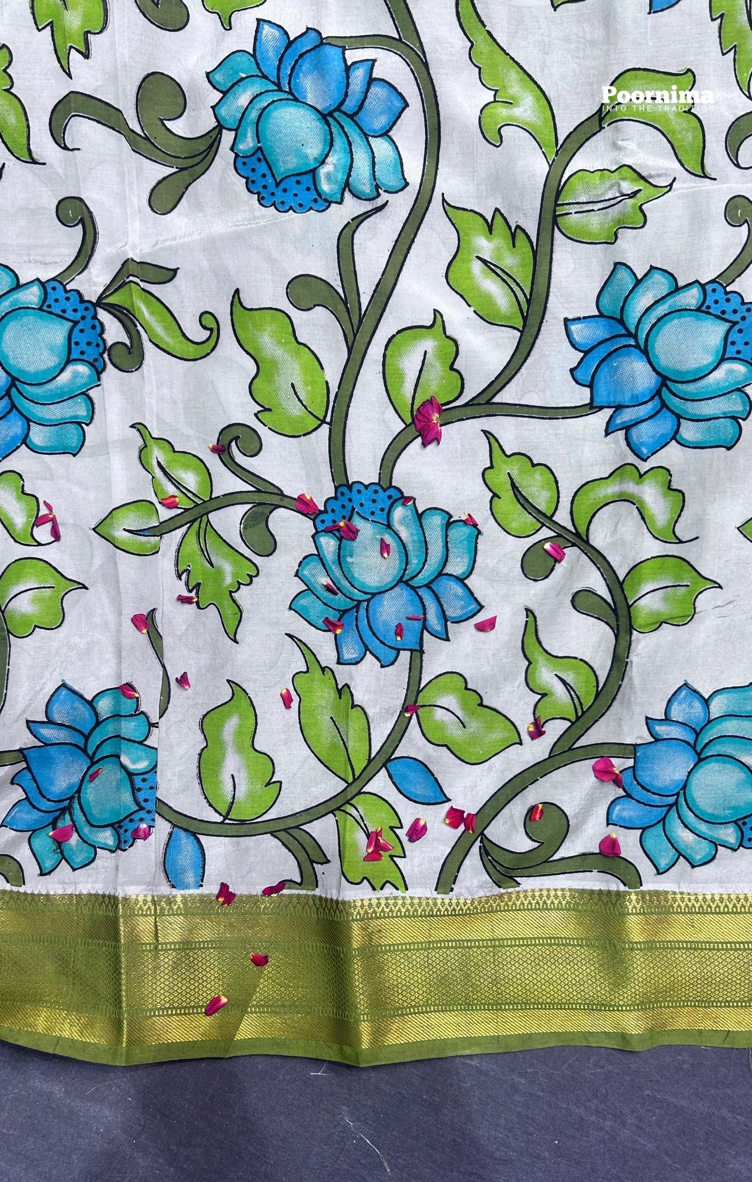 KADHI TUSSAR SKY BLUE AND GREEN COMBINATION WITH KALAMKARI PRINTS GOLD JERRY BORDER