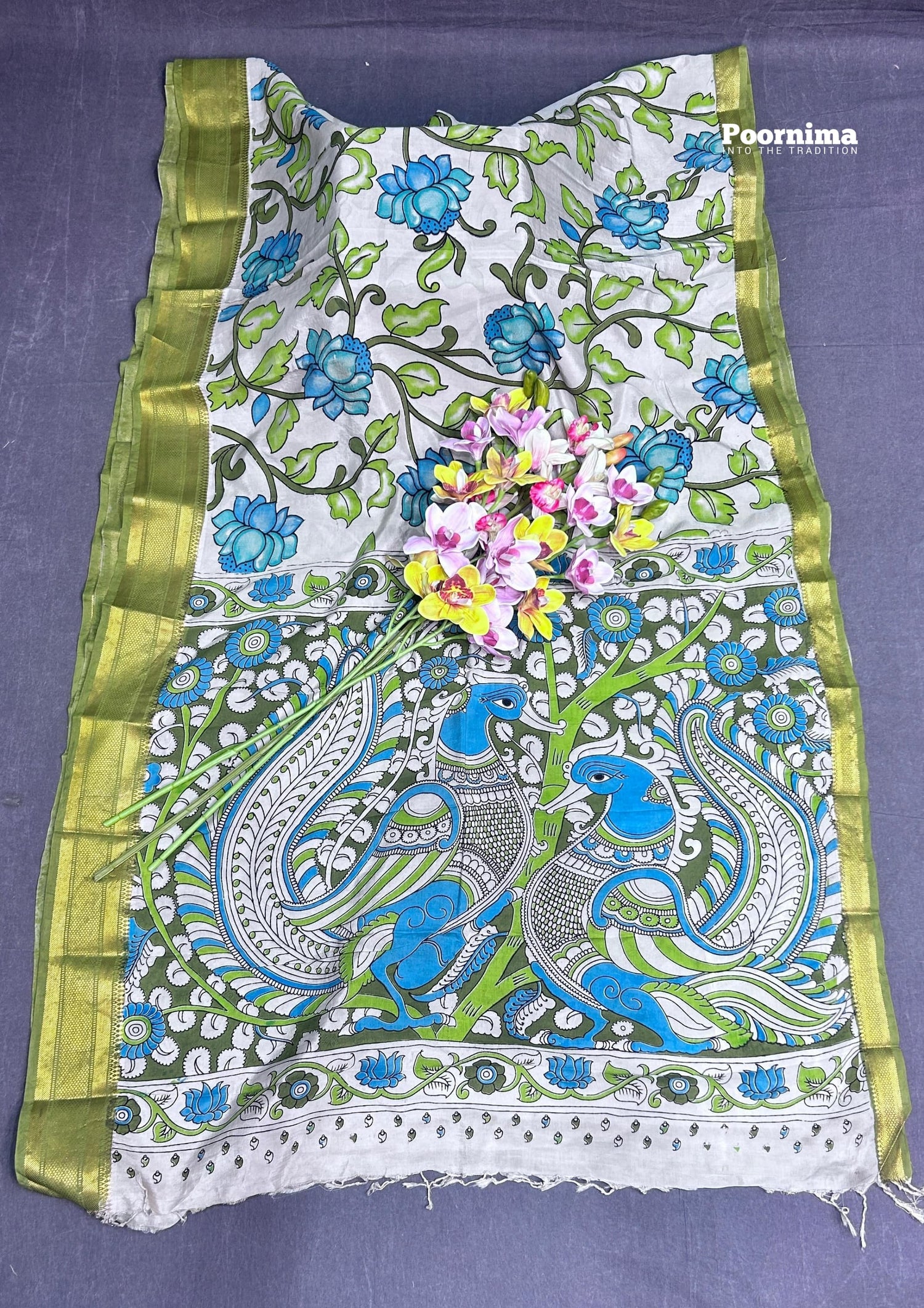 KADHI TUSSAR SKY BLUE AND GREEN COMBINATION WITH KALAMKARI PRINTS GOLD JERRY BORDER