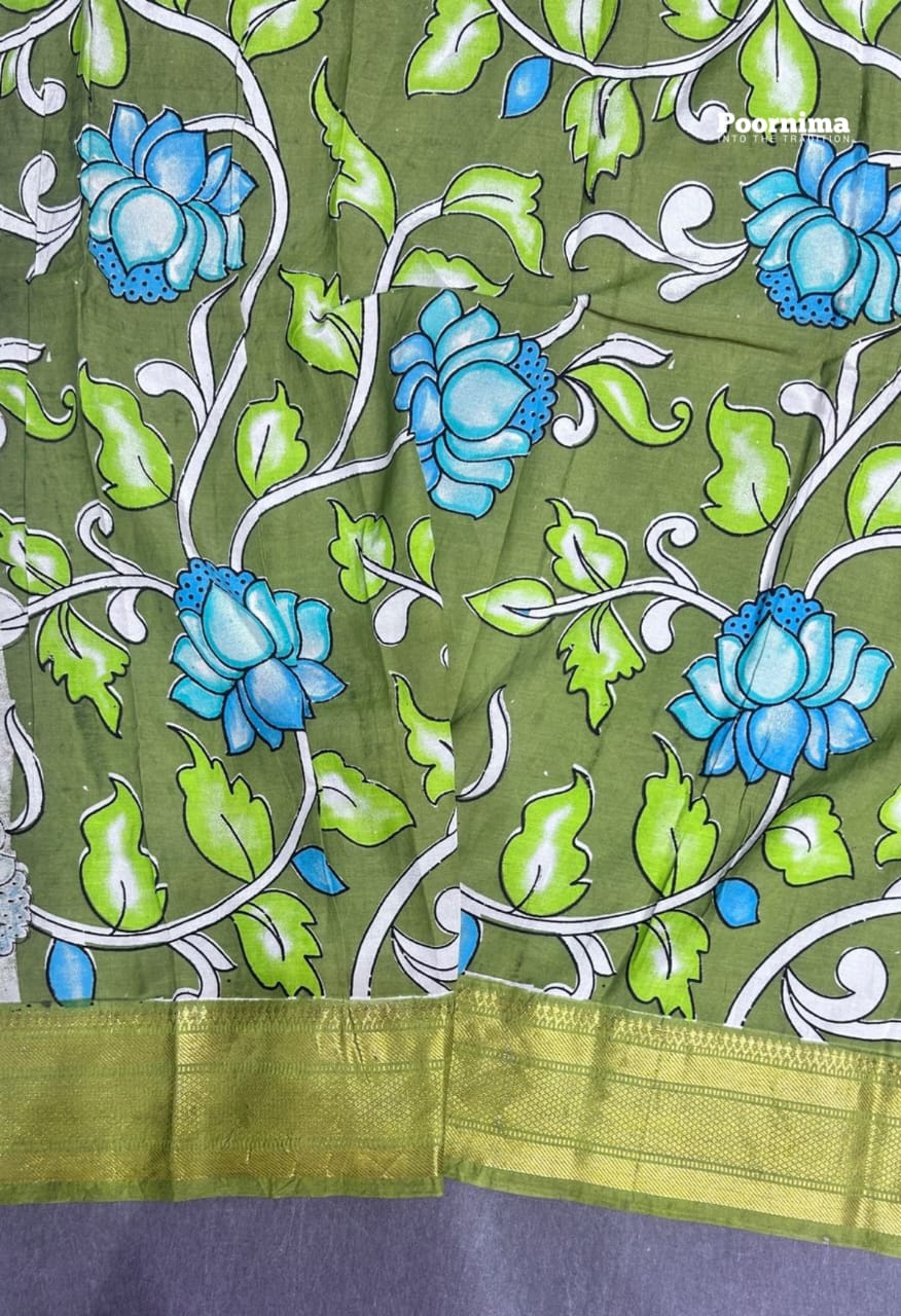 KADHI TUSSAR SKY BLUE AND GREEN COMBINATION WITH KALAMKARI PRINTS GOLD JERRY BORDER