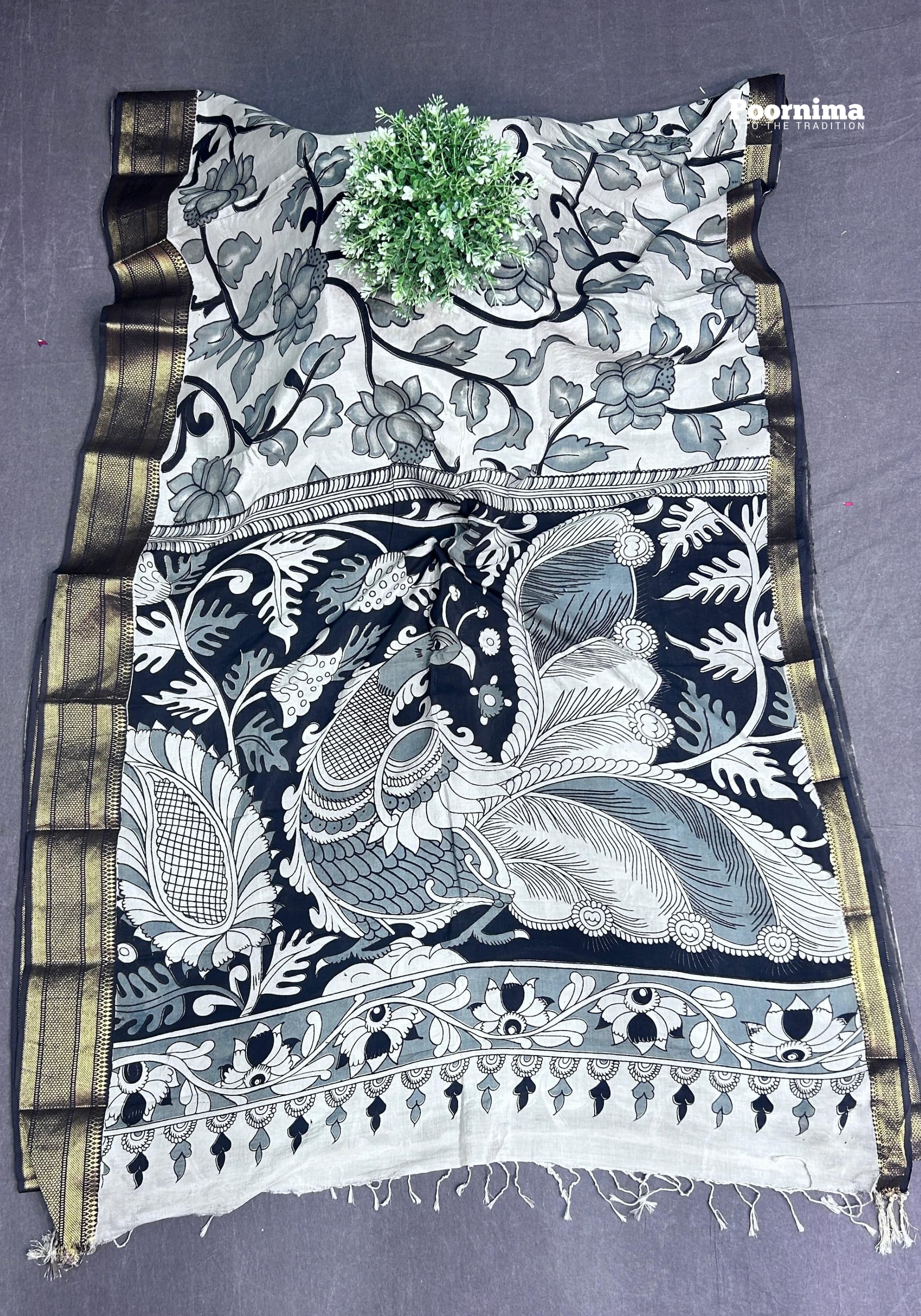 KADHI THUSER BLACK AND ELIPHANT GRAY COLUR COMBINATION WITH KALAMKARI PRINTS