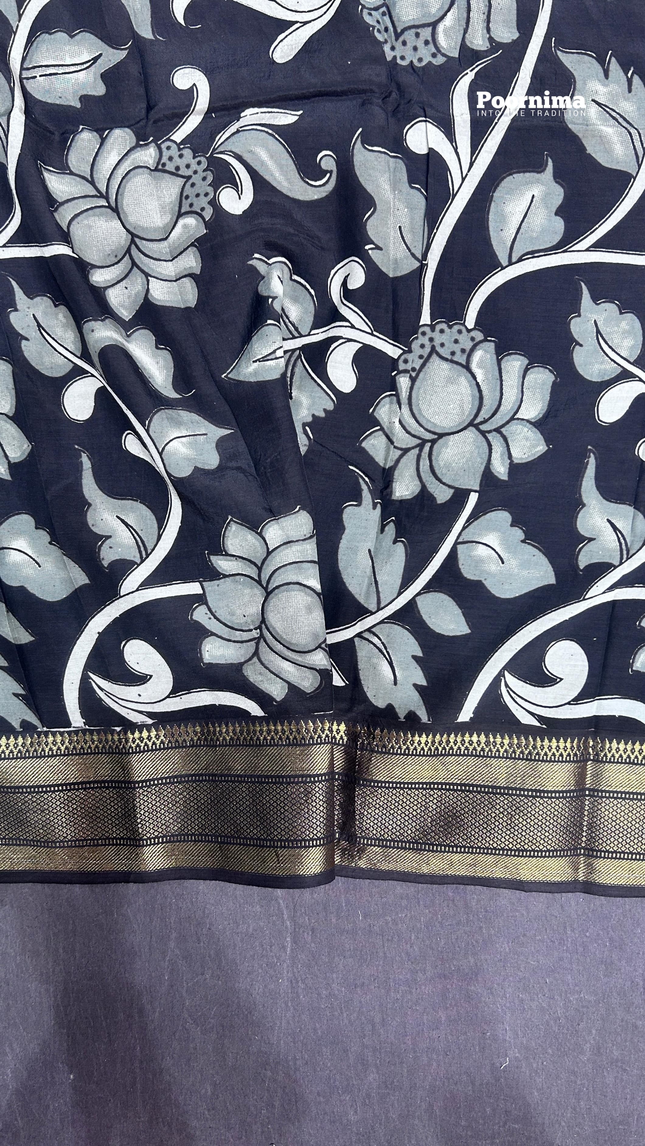 KADHI THUSER BLACK AND ELIPHANT GRAY COLUR COMBINATION WITH KALAMKARI PRINTS