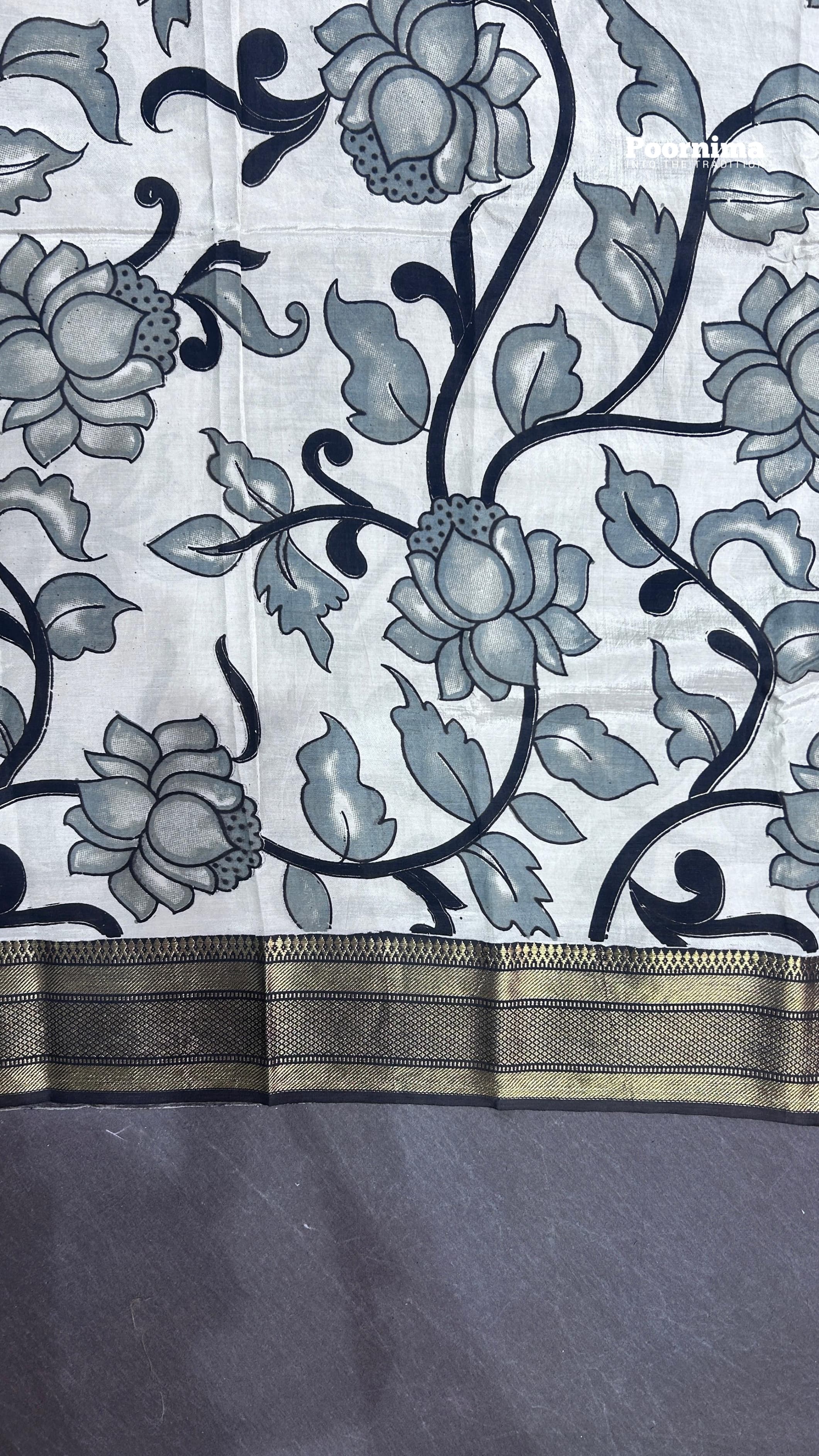 KADHI THUSER BLACK AND ELIPHANT GRAY COLUR COMBINATION WITH KALAMKARI PRINTS