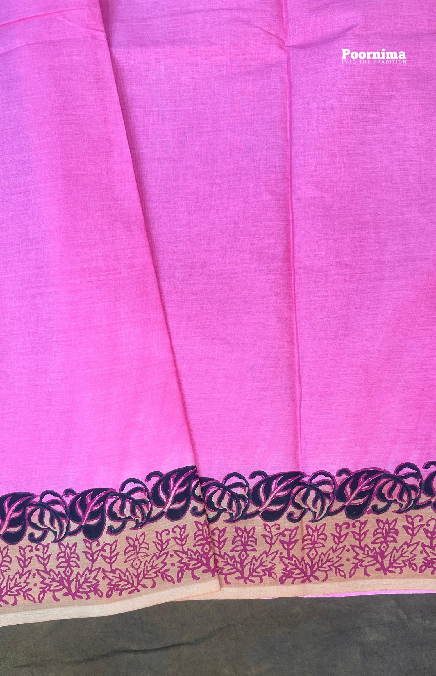MUNGA KOTA SAREE CREAM COLUR WITH PINK BORDER ALLOVER SAREES BLACK PRINTS FLOWERS
